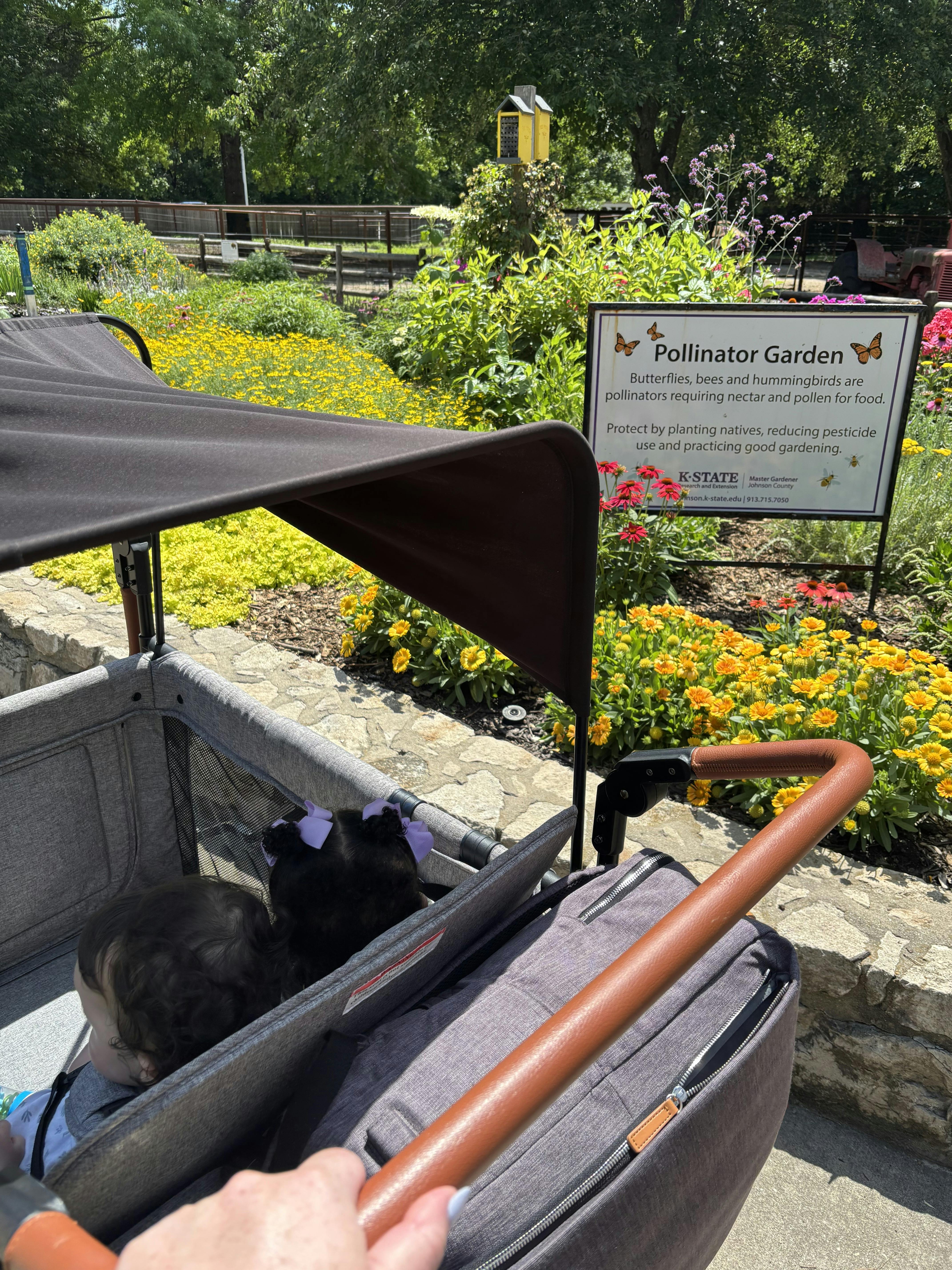 Children sitting in a stroller next to a Pollinator Garden sign