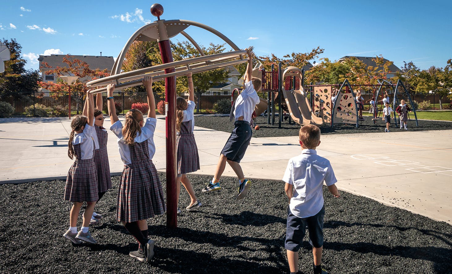 Children playing on monkey bars on a playground