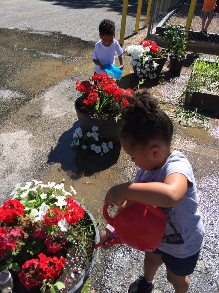 Two children watering potted red and white flowers