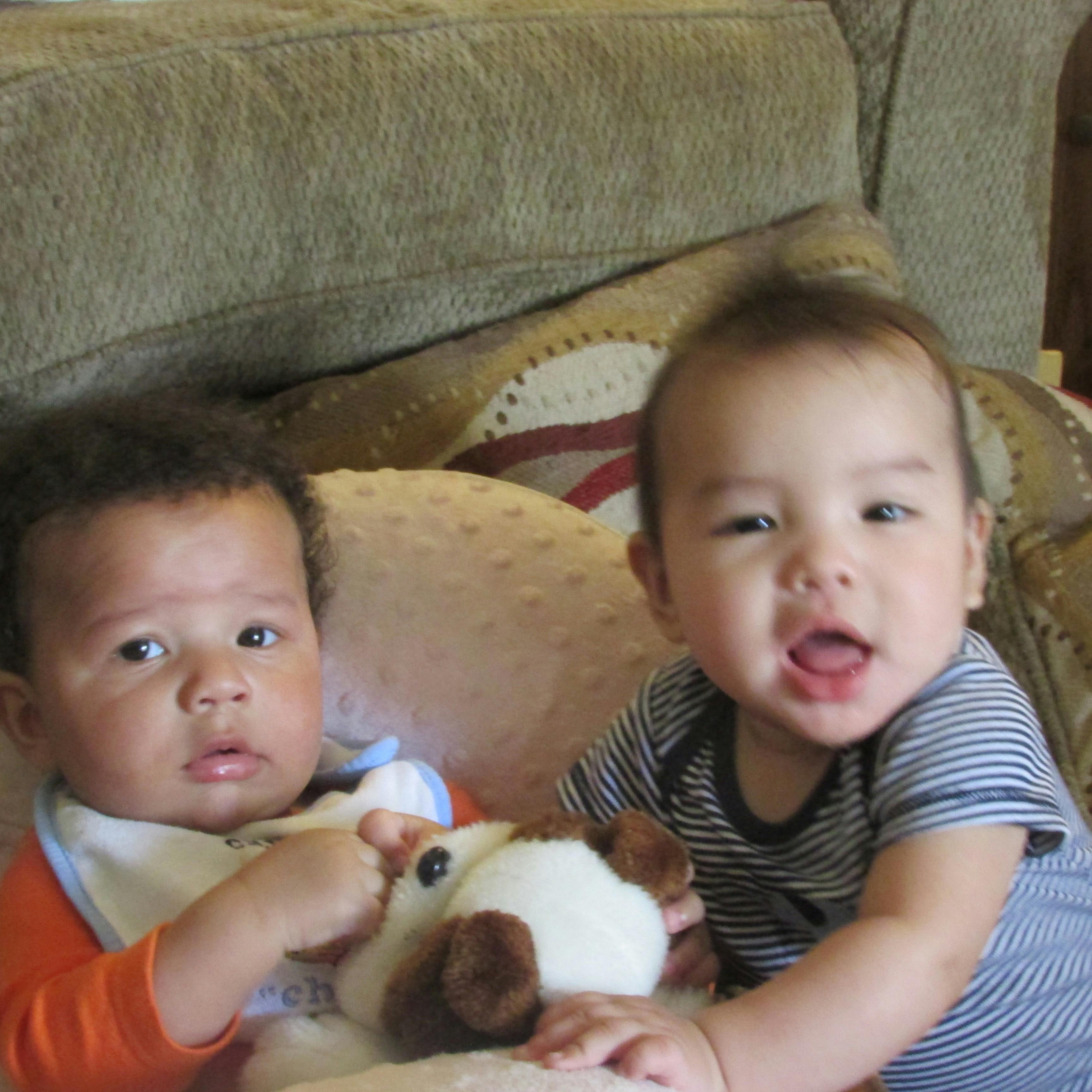 Two babies with a stuffed animal