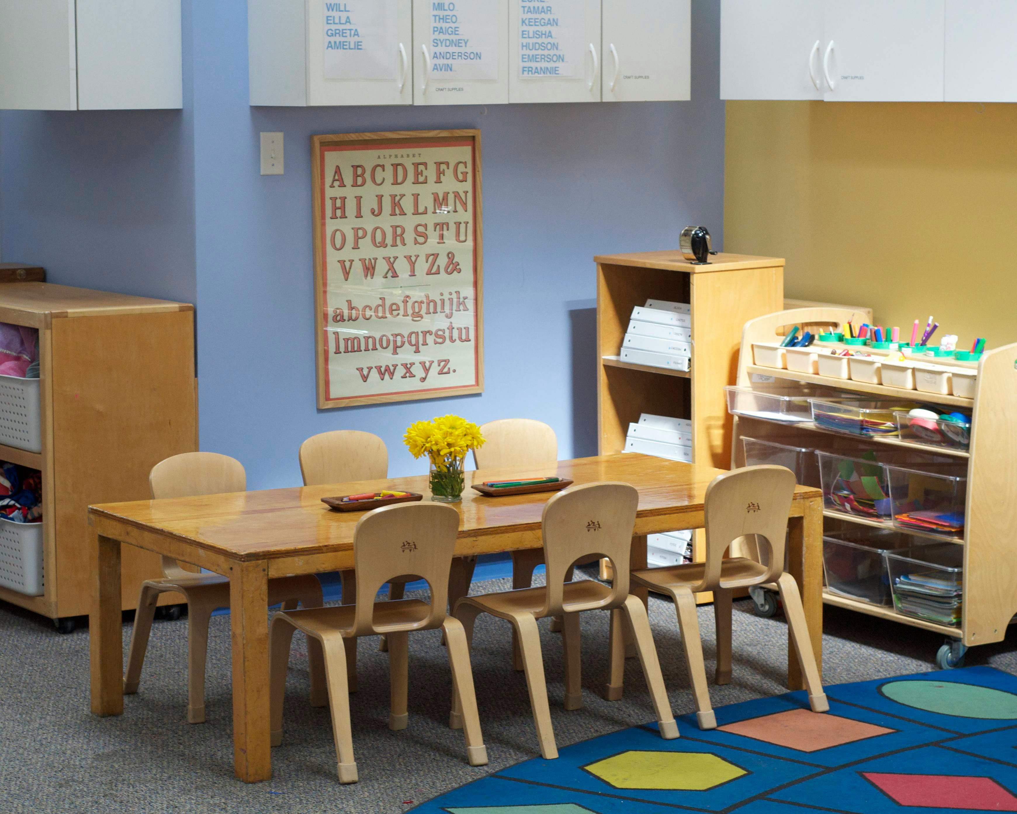 Classroom with small wooden table and chairs, alphabet chart on wall