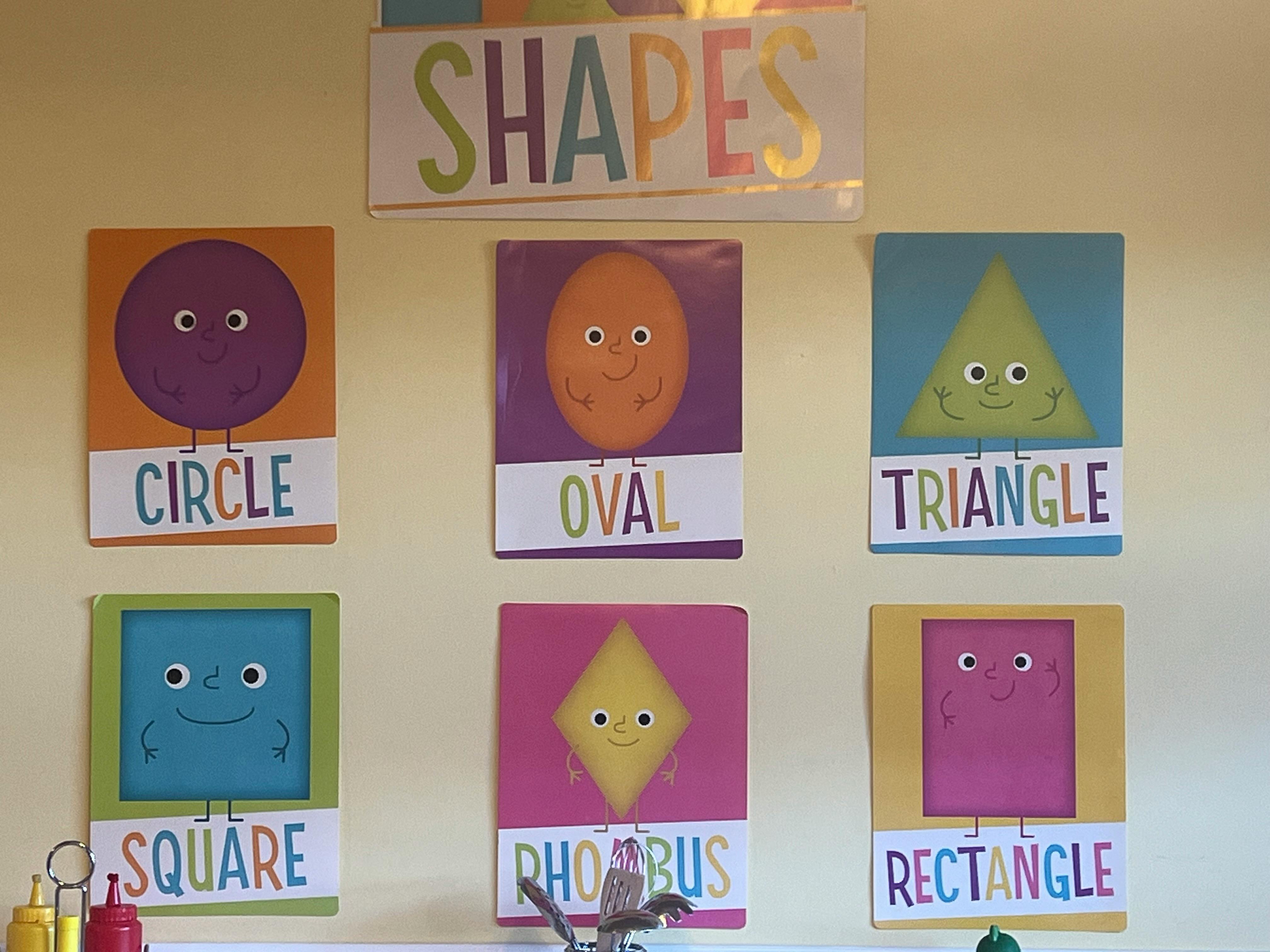 Six colorful cards with cartoon shapes and their names, under a "SHAPES" sign