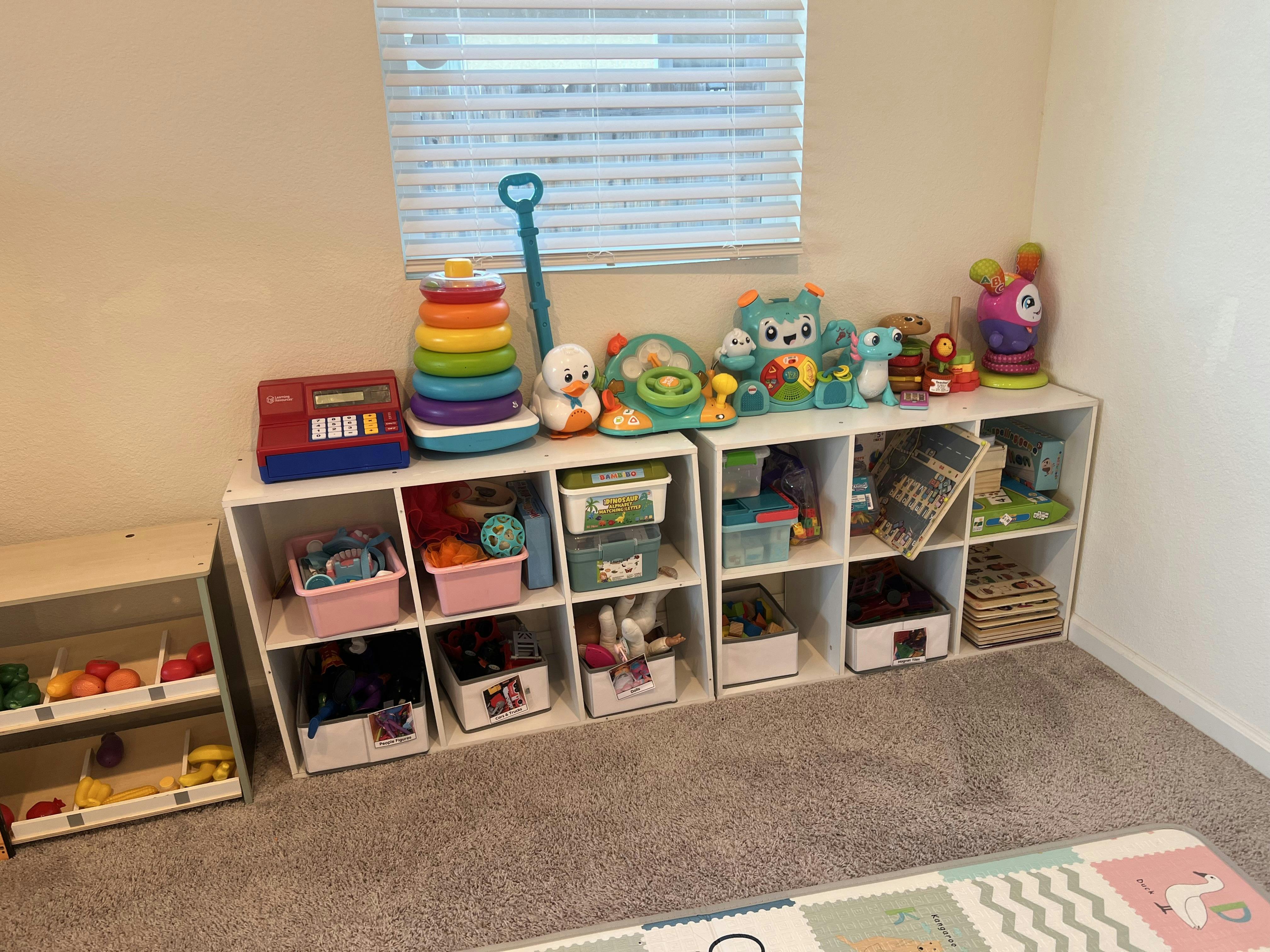 Shelves filled with various toys and storage bins