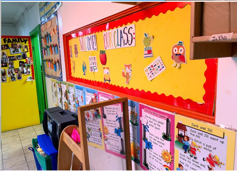 Classroom bulletin board with "Welcome to Our Class" and various decorations