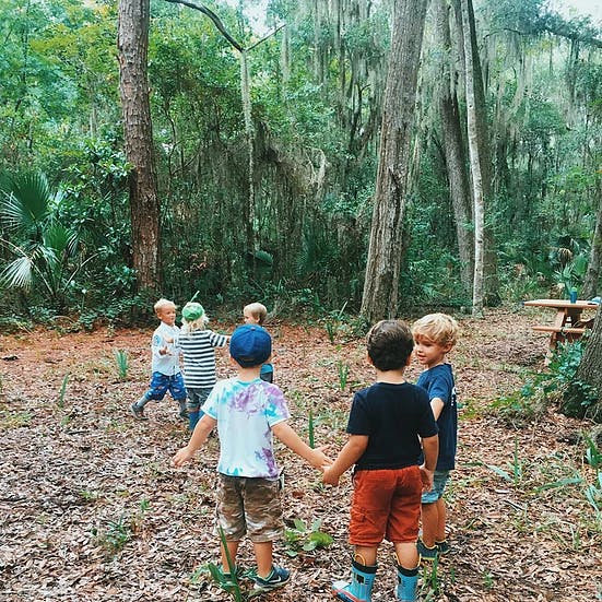 Children playing in a wooded area