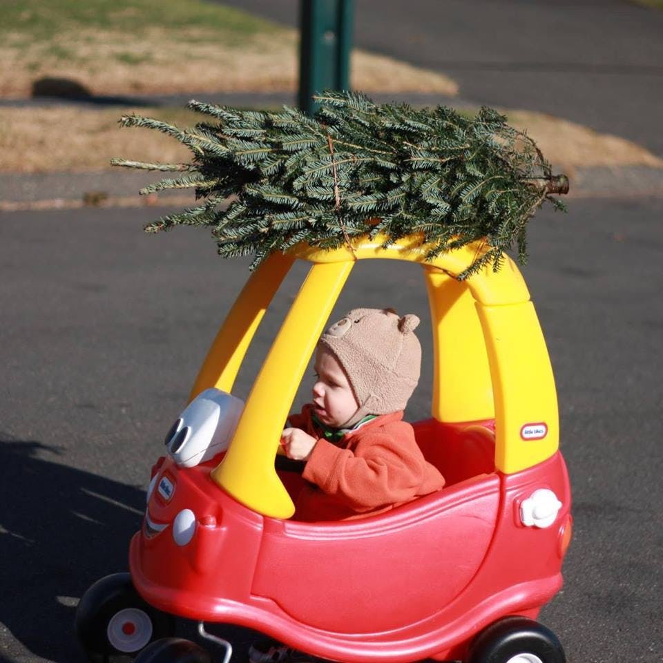 Child in toy car with small Christmas tree on roof