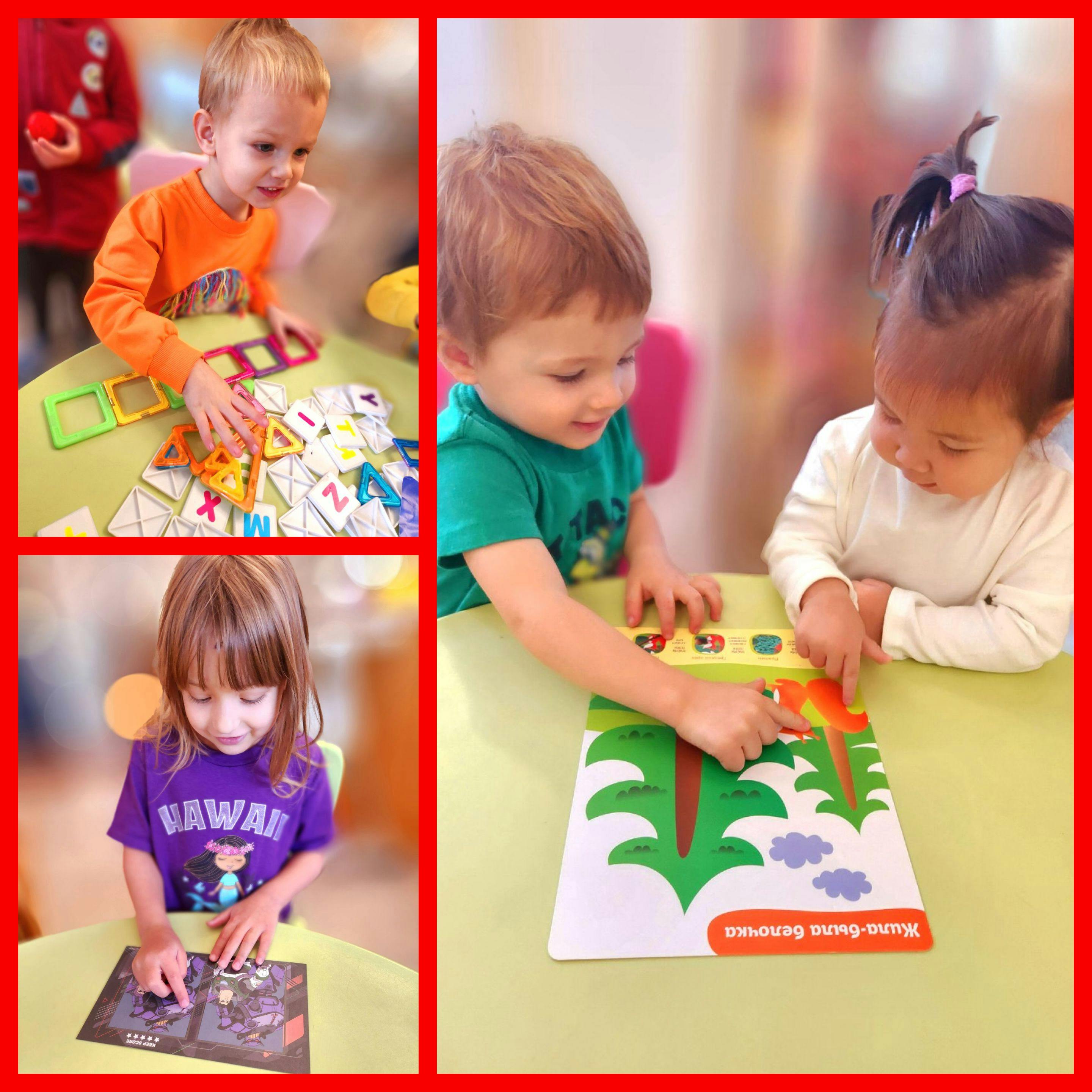 Three children playing with educational toys at tables