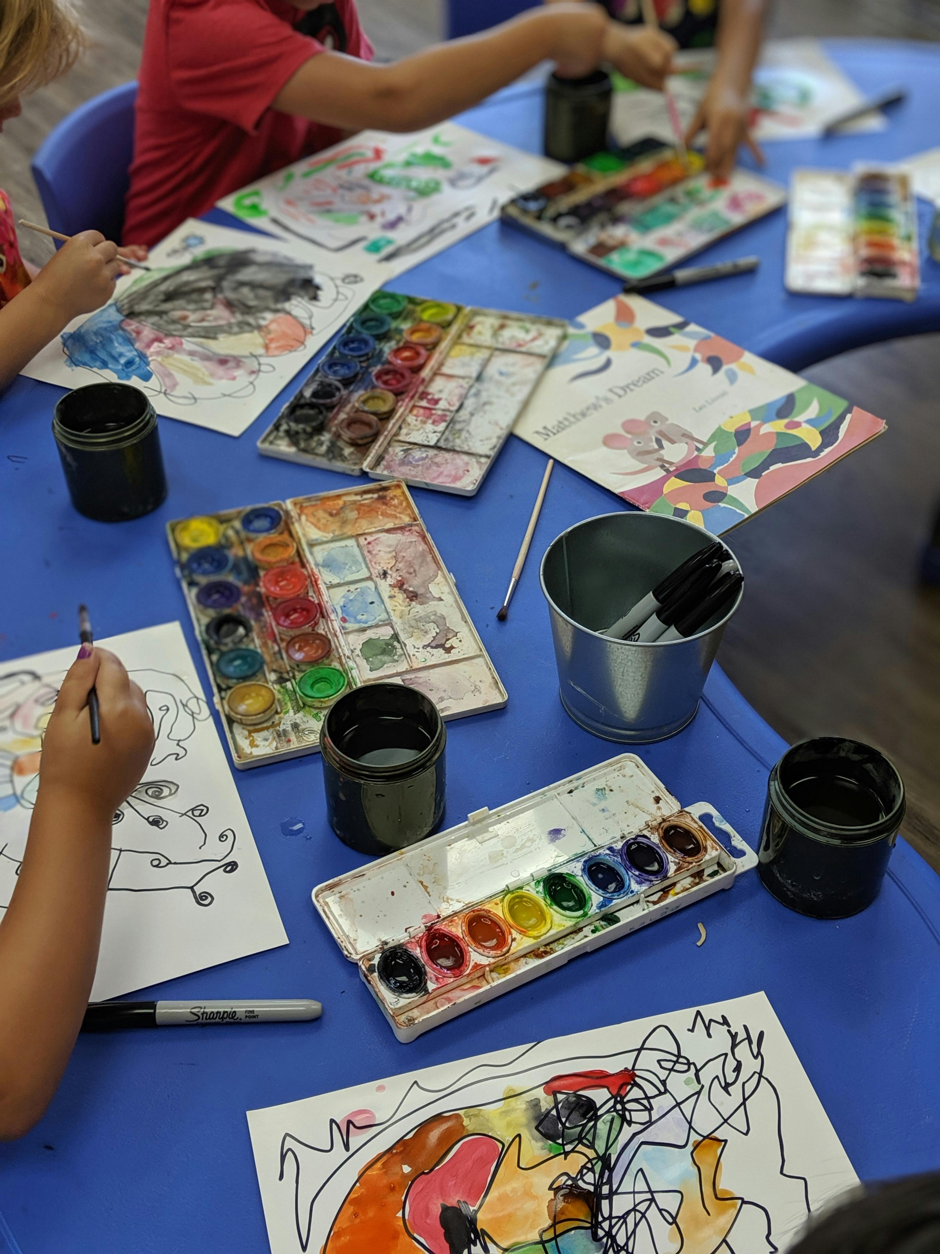 People painting with watercolors at a table