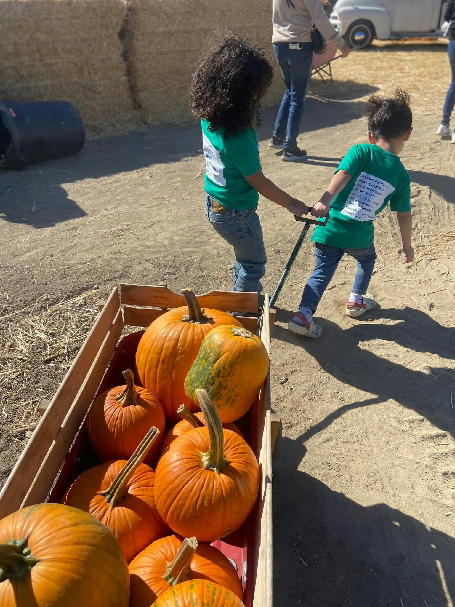 Two children pulling a wagon filled with pumpkins