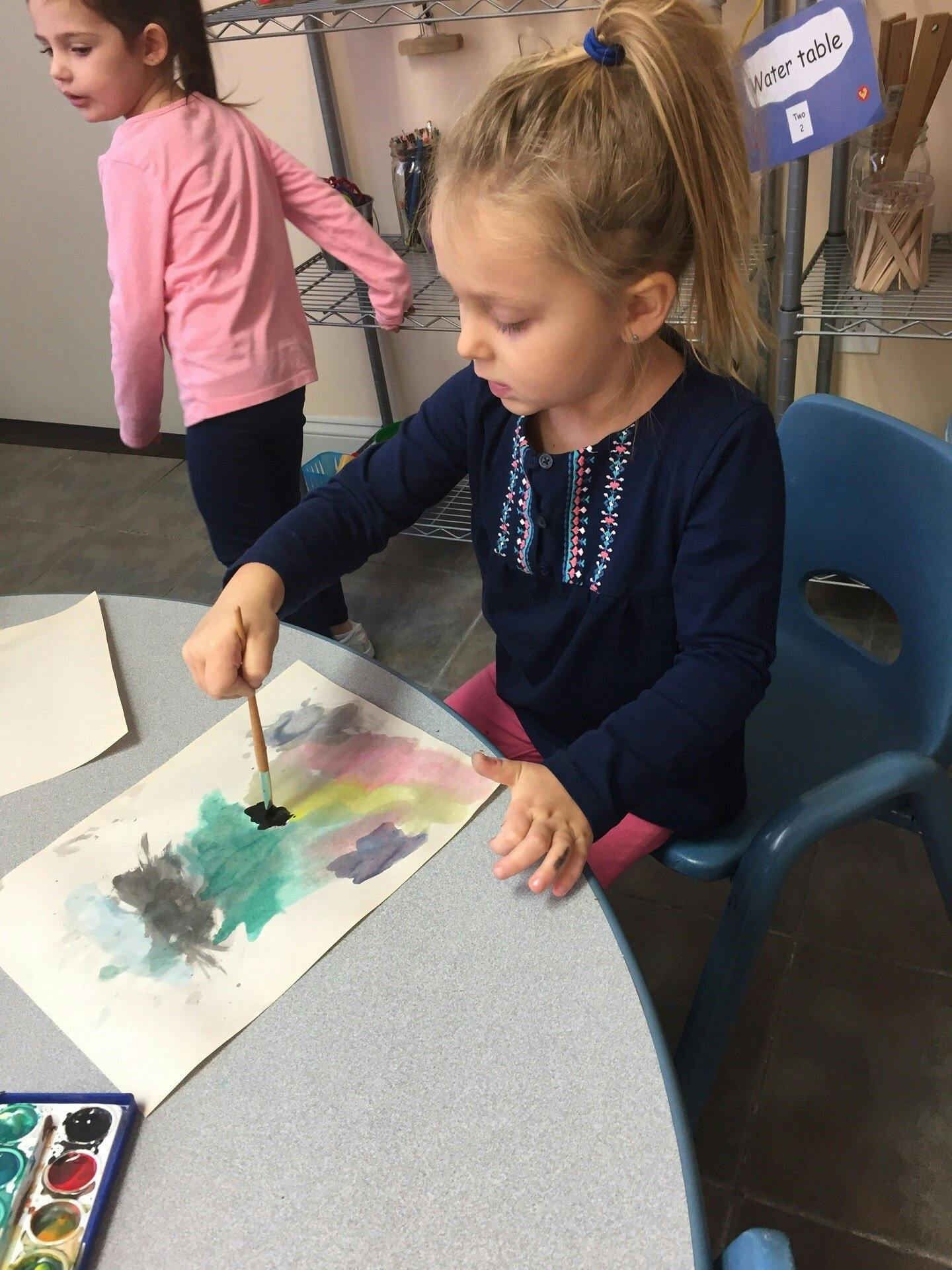 Child painting with watercolors at a table