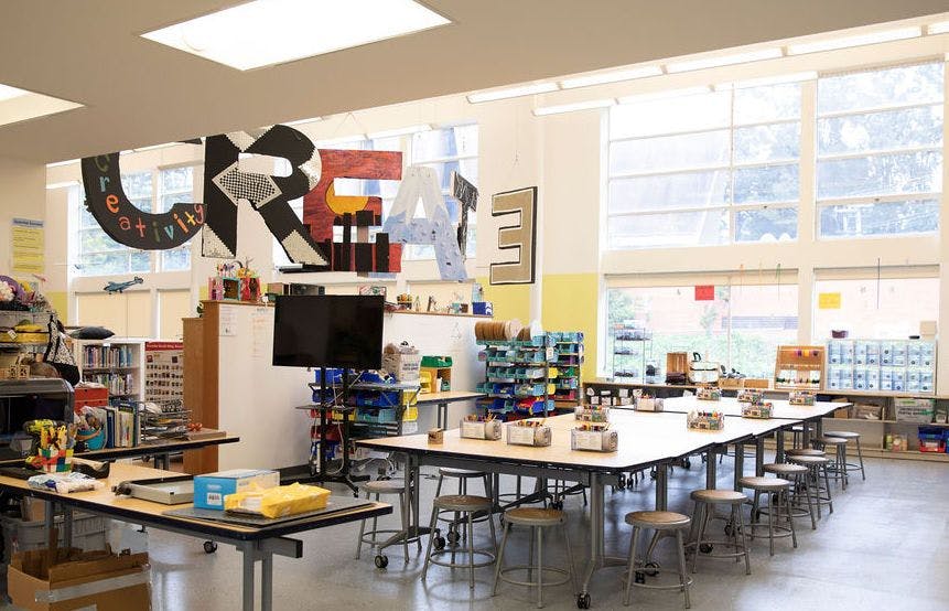 Classroom with tables, stools, and large CREATIVITY letters hanging from the ceiling