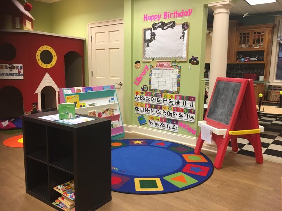 Children's play area with a red playhouse, chalkboard, and alphabet chart