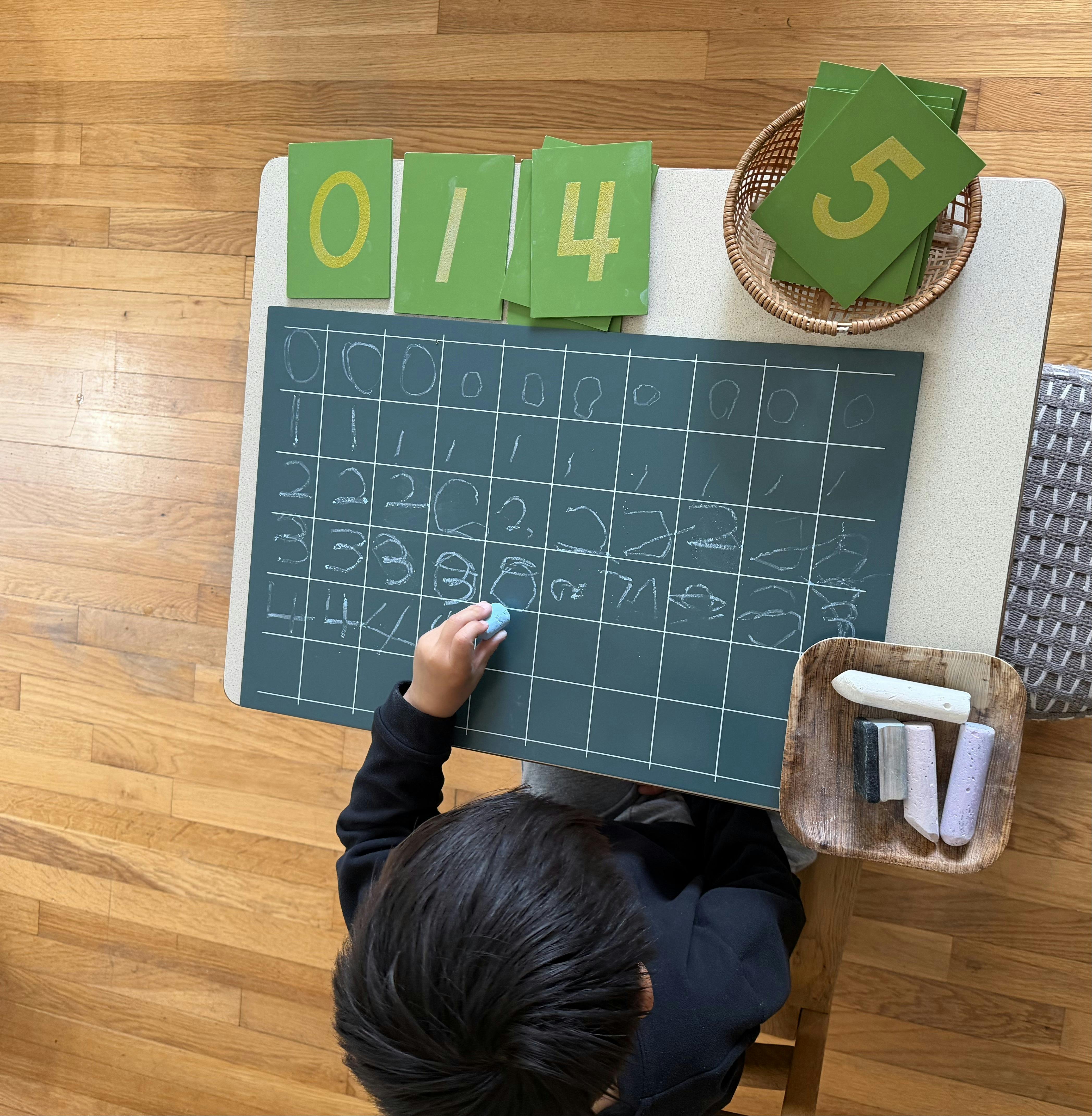 Child learning to write numbers on a chalkboard