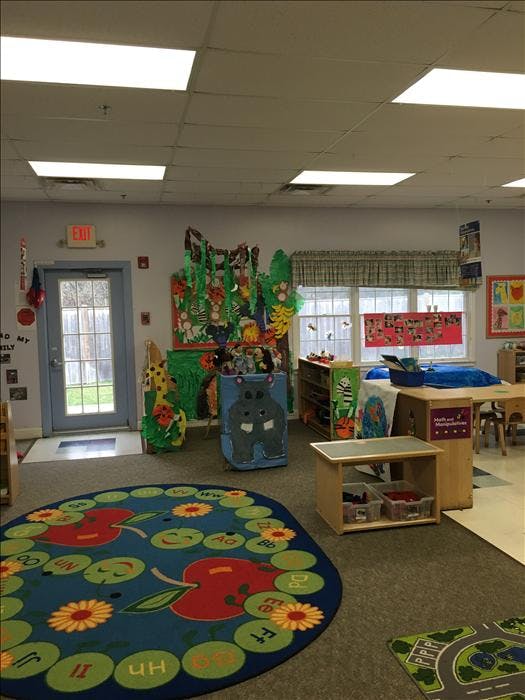 Classroom with a colorful rug, a hippo-themed storage unit, and decorations
