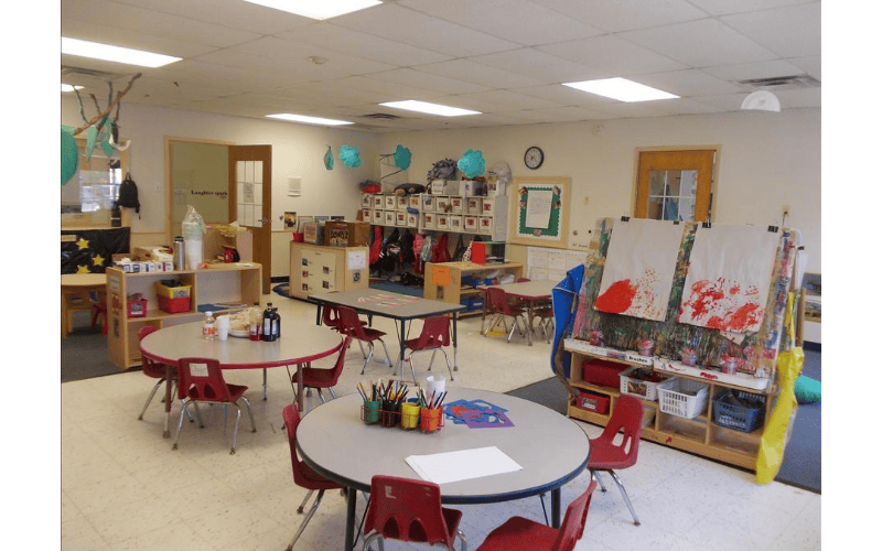 An empty classroom with small tables and chairs, and art supplies on tables