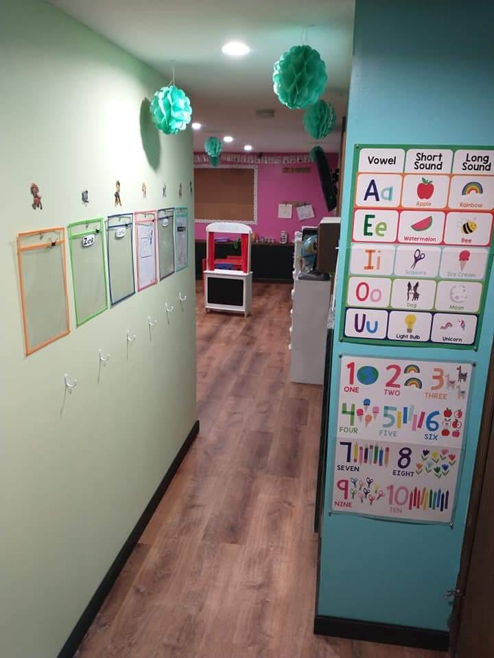 Classroom hallway with educational posters and hanging decorations