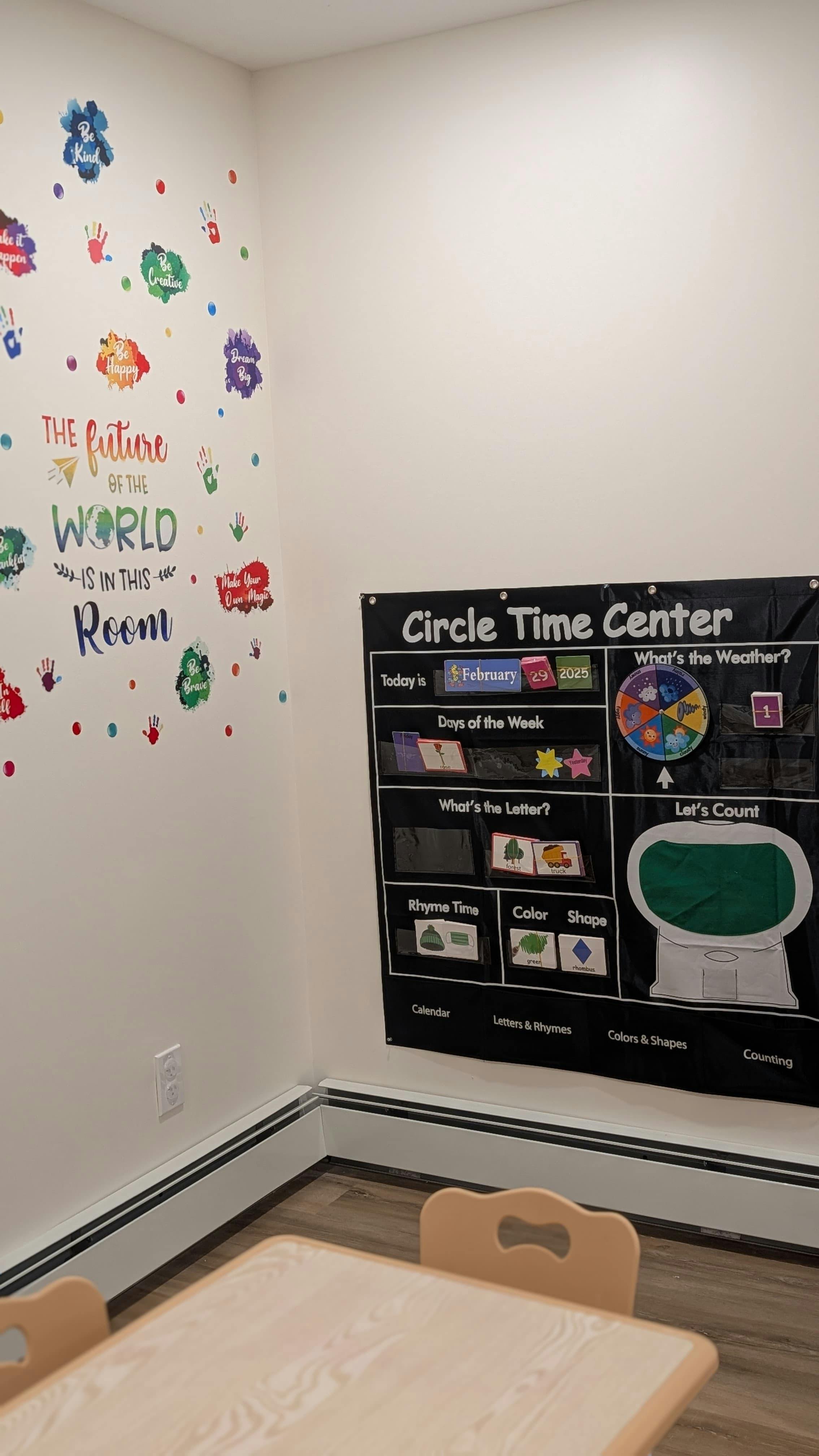 Classroom with a "Circle Time Center" chart and wall decals