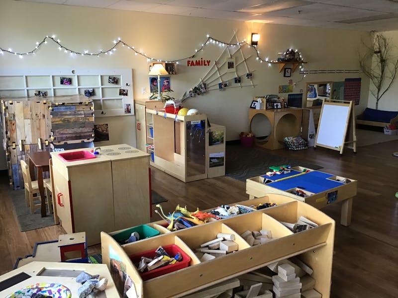 Classroom with various play areas and storage shelves