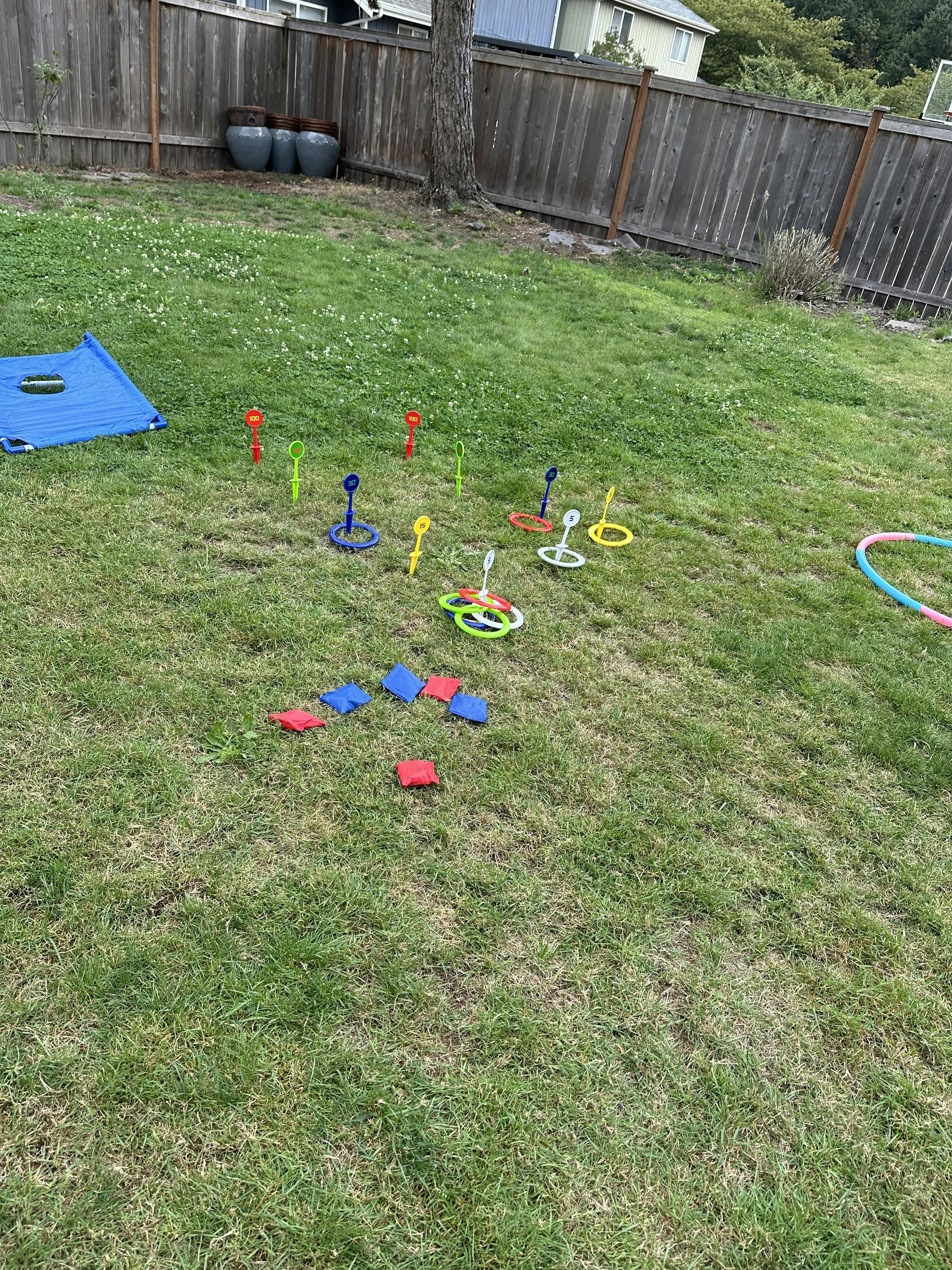 Lawn game equipment including ring toss pegs and bean bags on grass