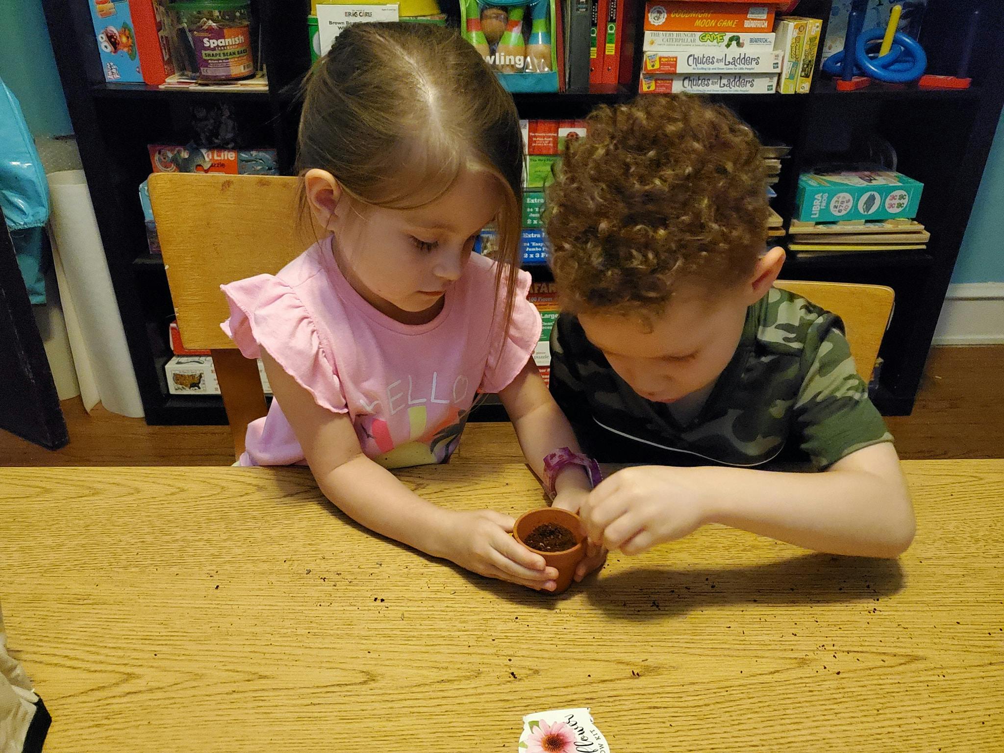 Two children at a table looking at a small pot