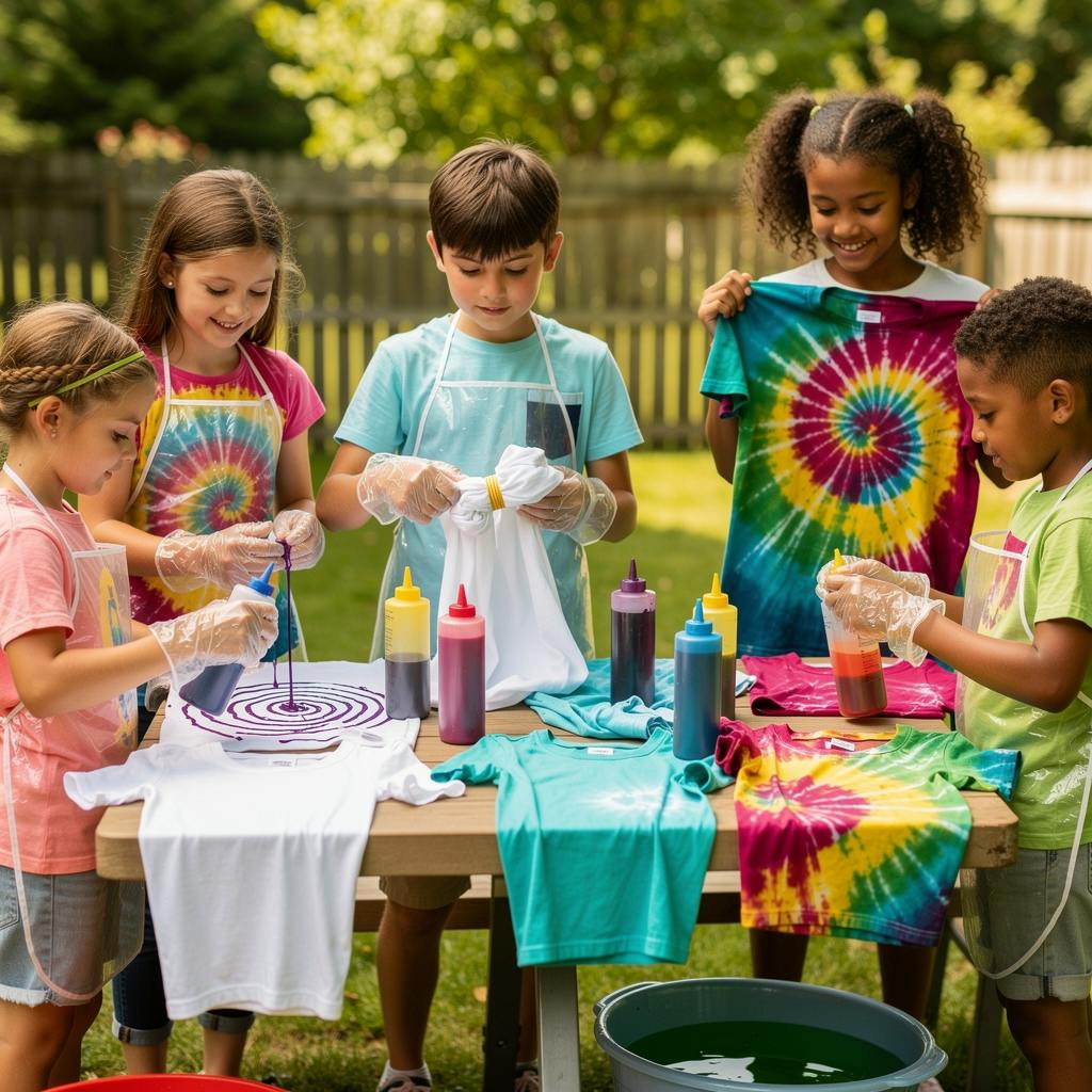 Group of children tie-dying t-shirts outdoors