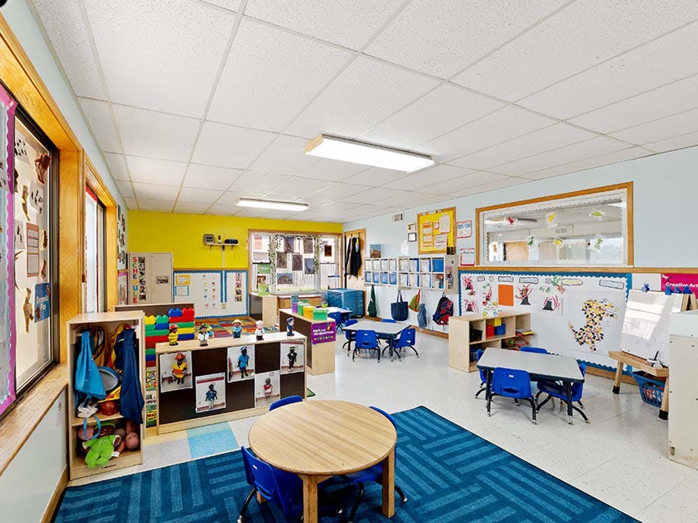 Colorful and organized classroom with tables and chairs