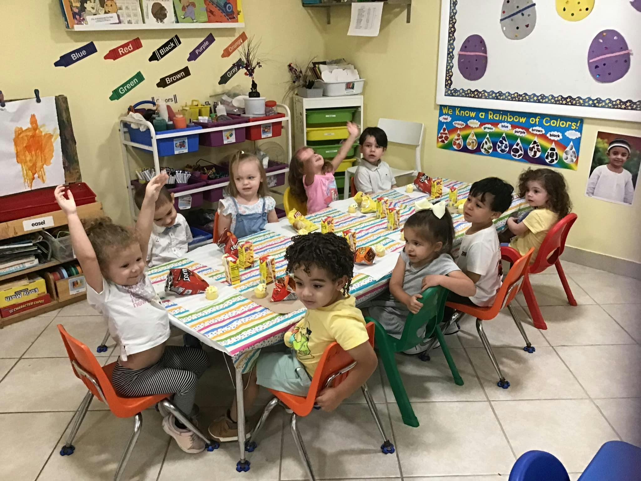 Children sitting at a table in a classroom