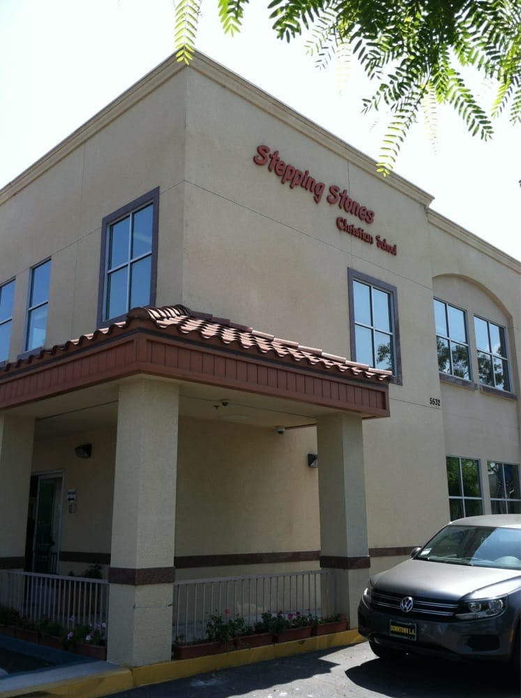 Building with "Stepping Stones Christian School" sign