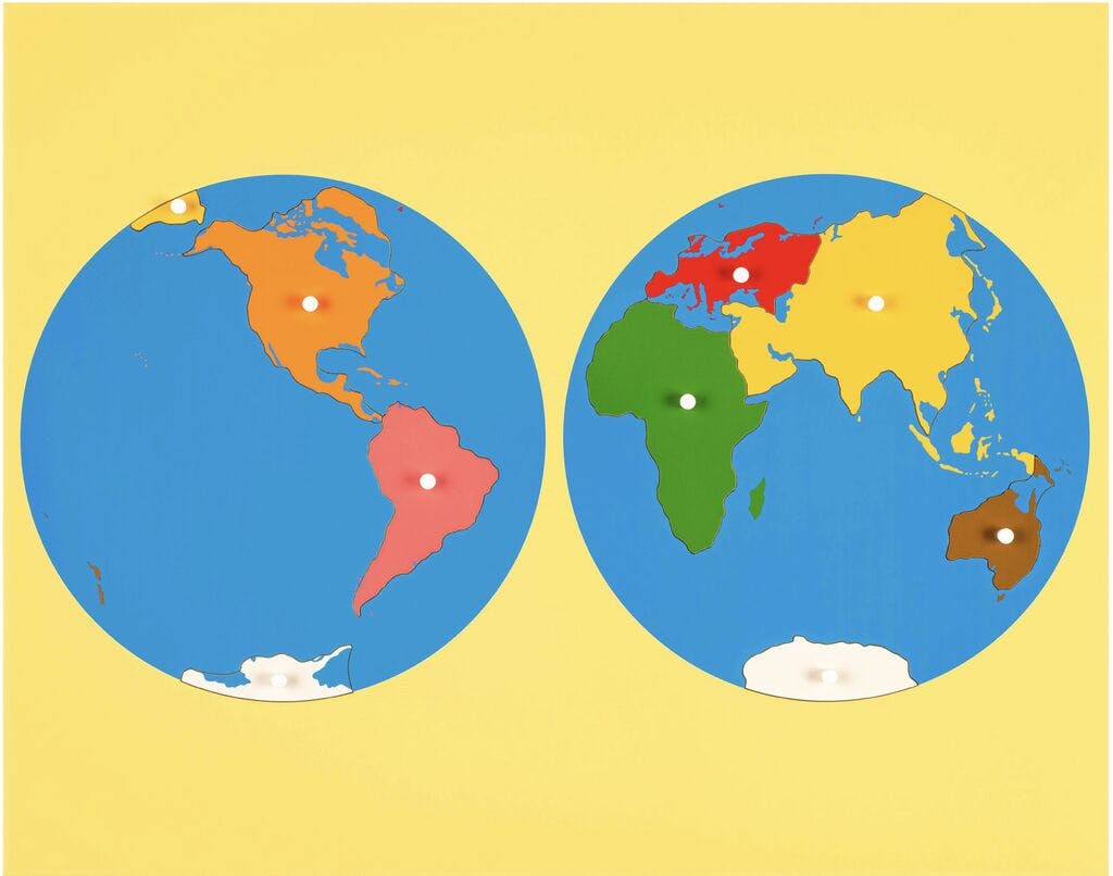 Two colorful map puzzles of the world showing continents