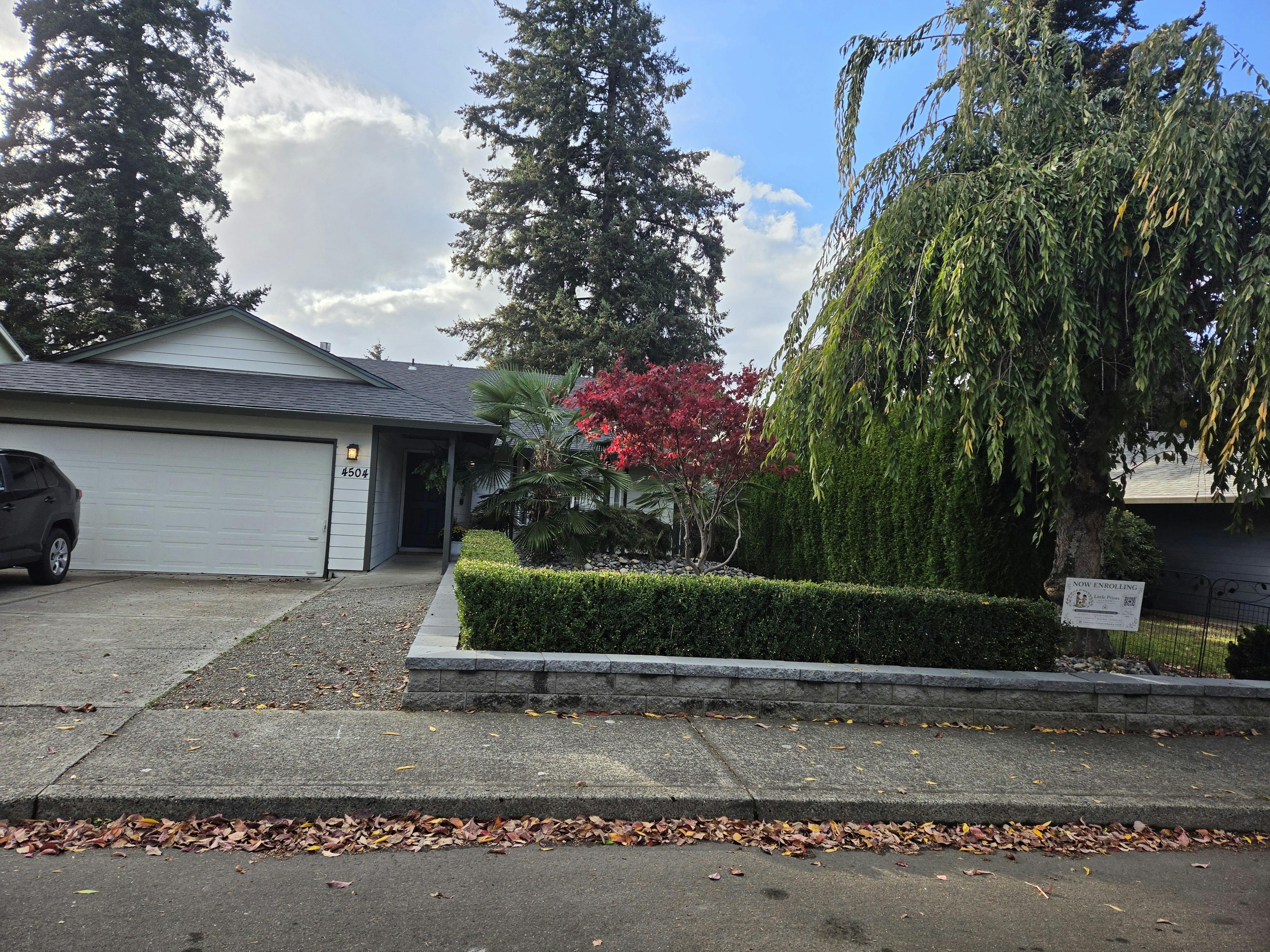 Single story house with a hedge and a driveway