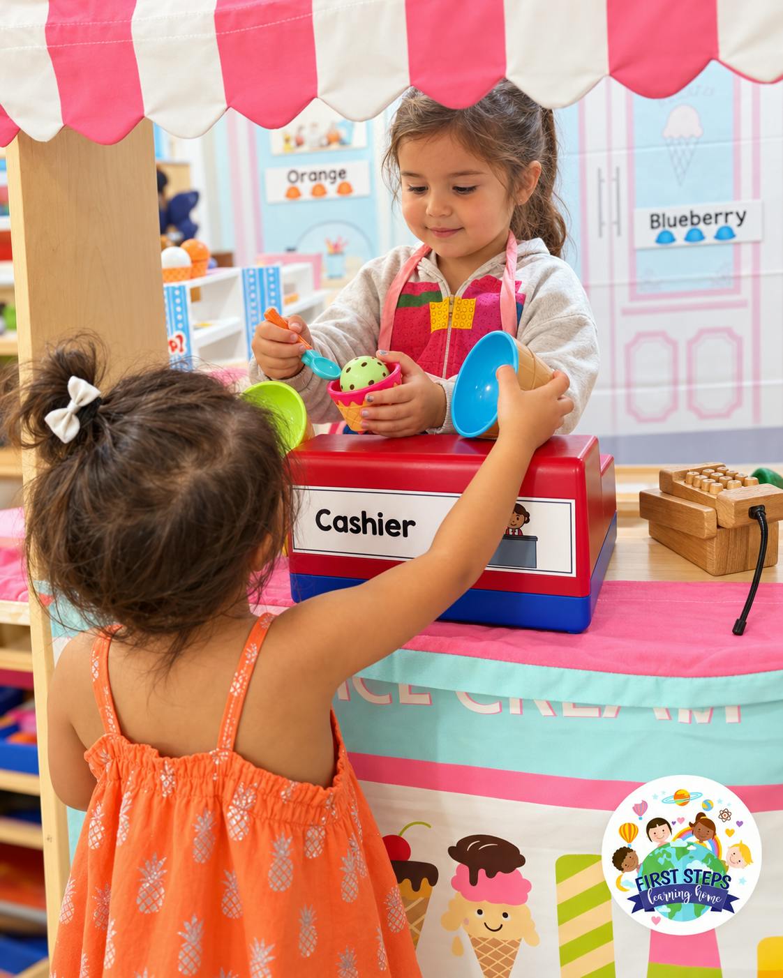 Two children roleplaying in an ice cream shop toy stand