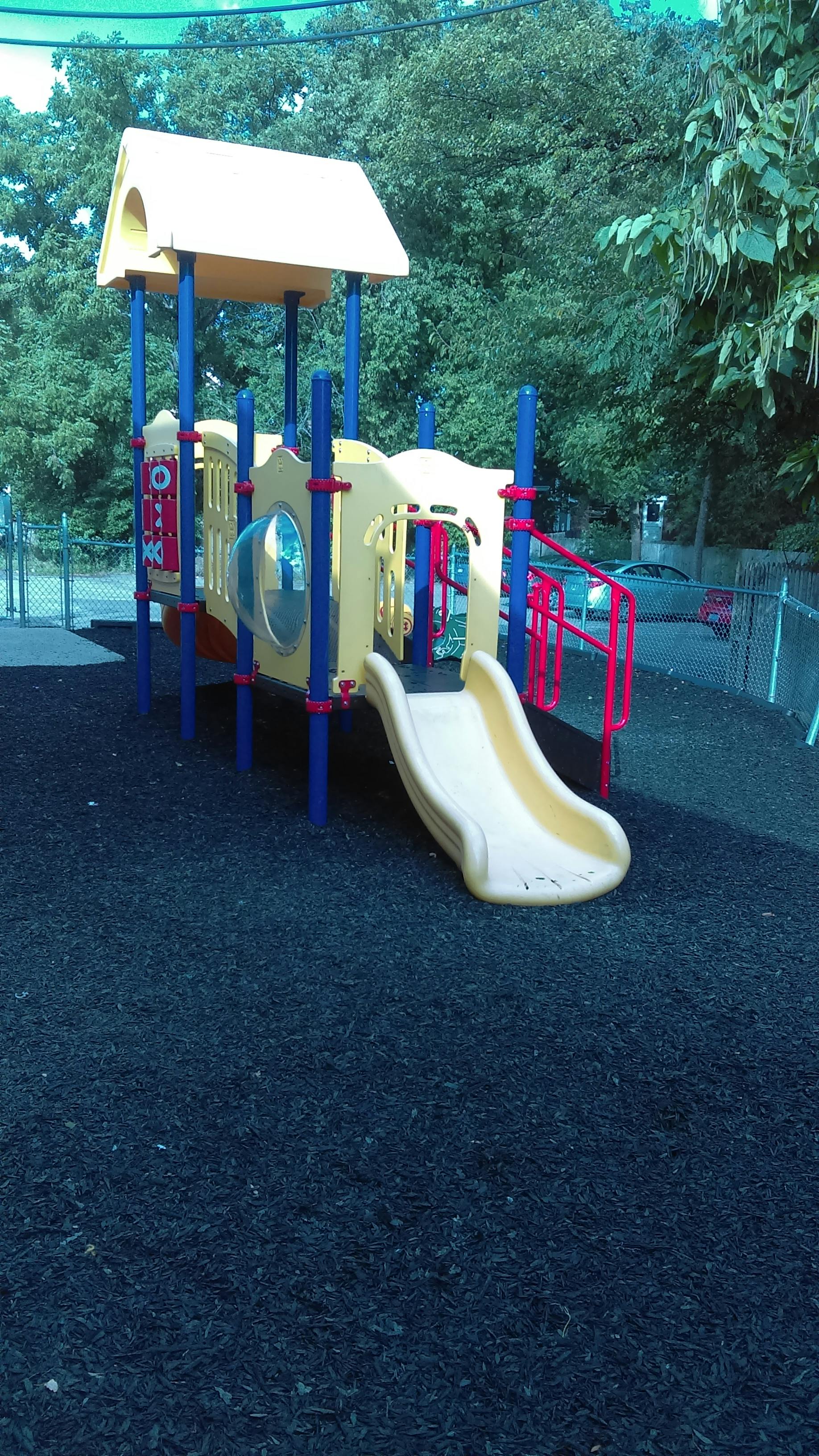 Playground structure with a slide on dark ground cover material