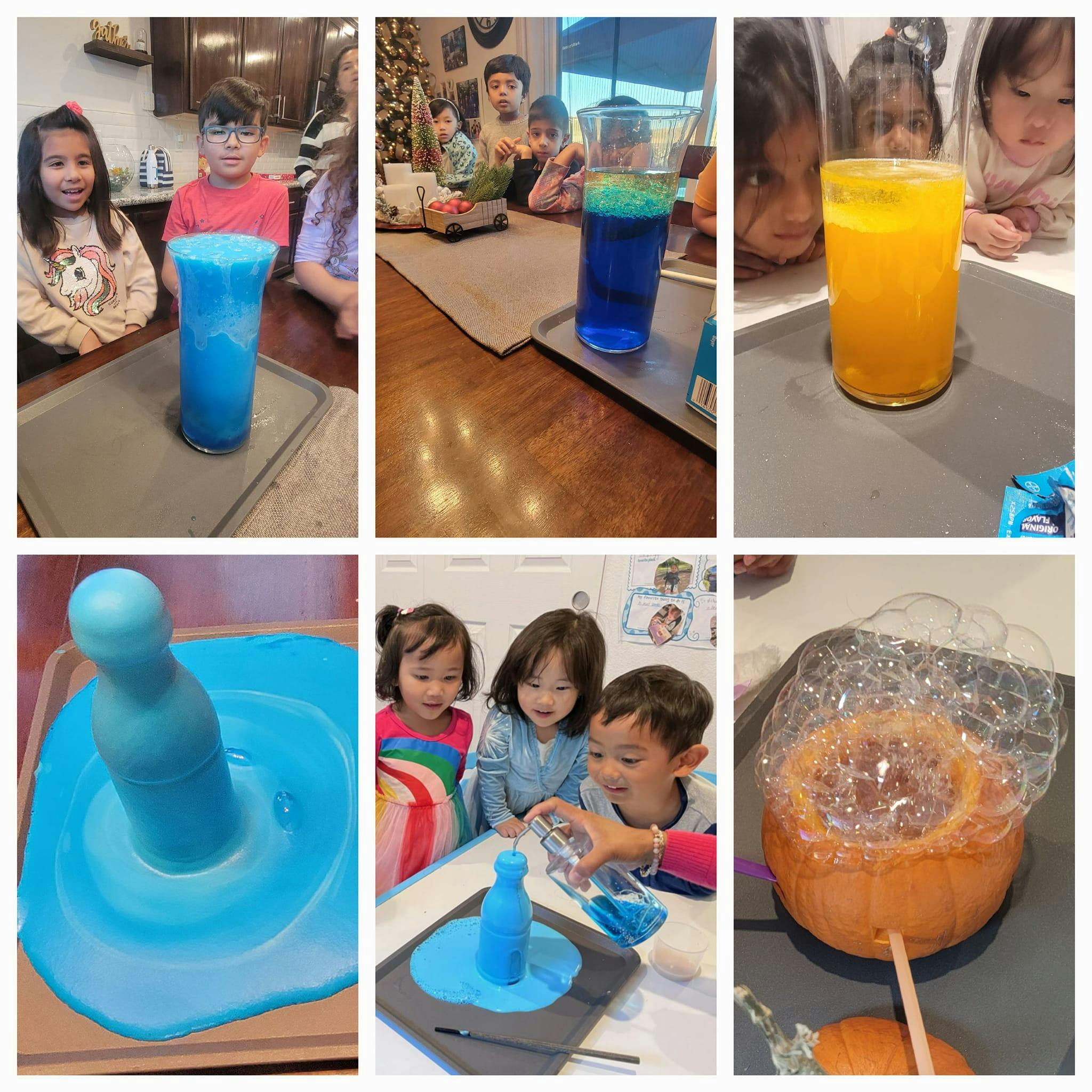 Children doing science experiments with liquids and pumpkins