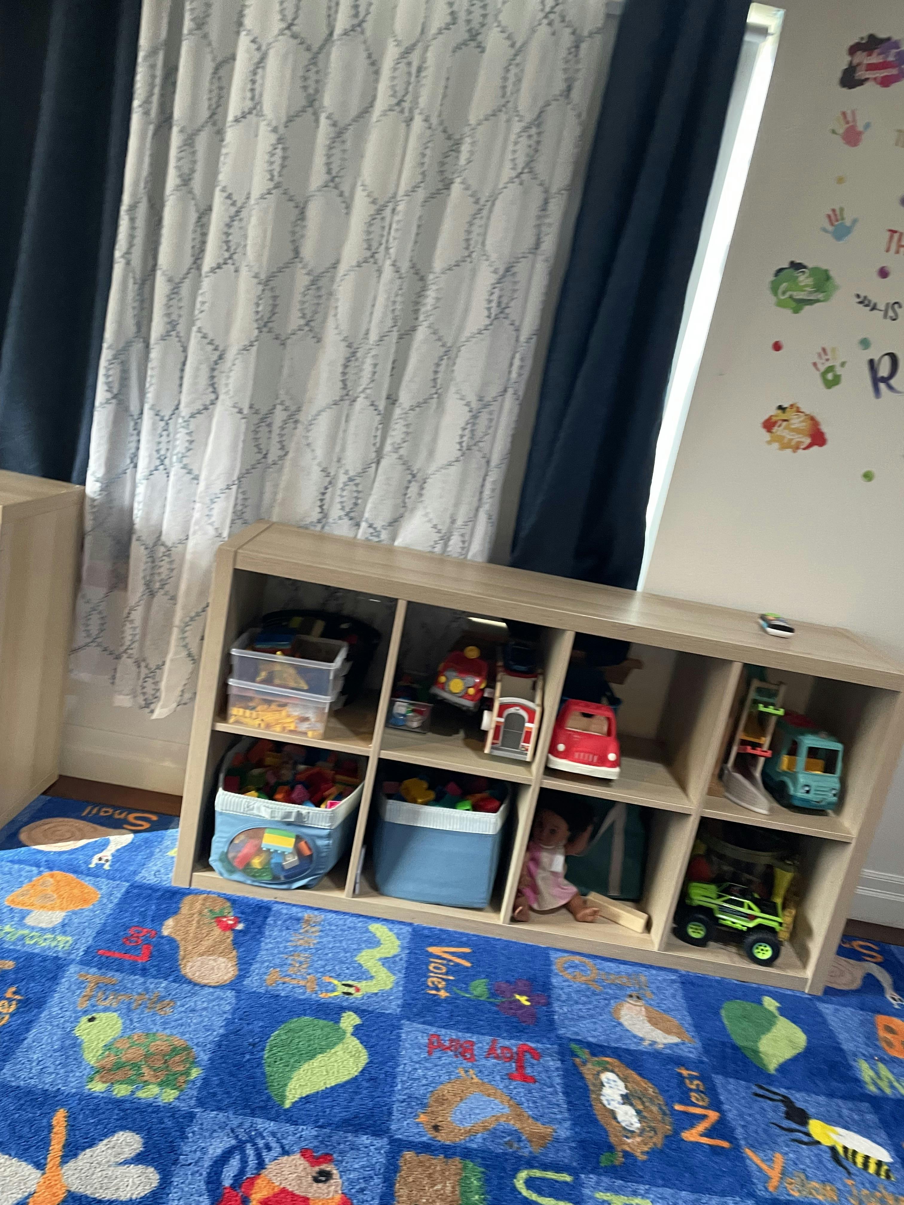 Toy storage shelf with bins and various play vehicles on a children rug