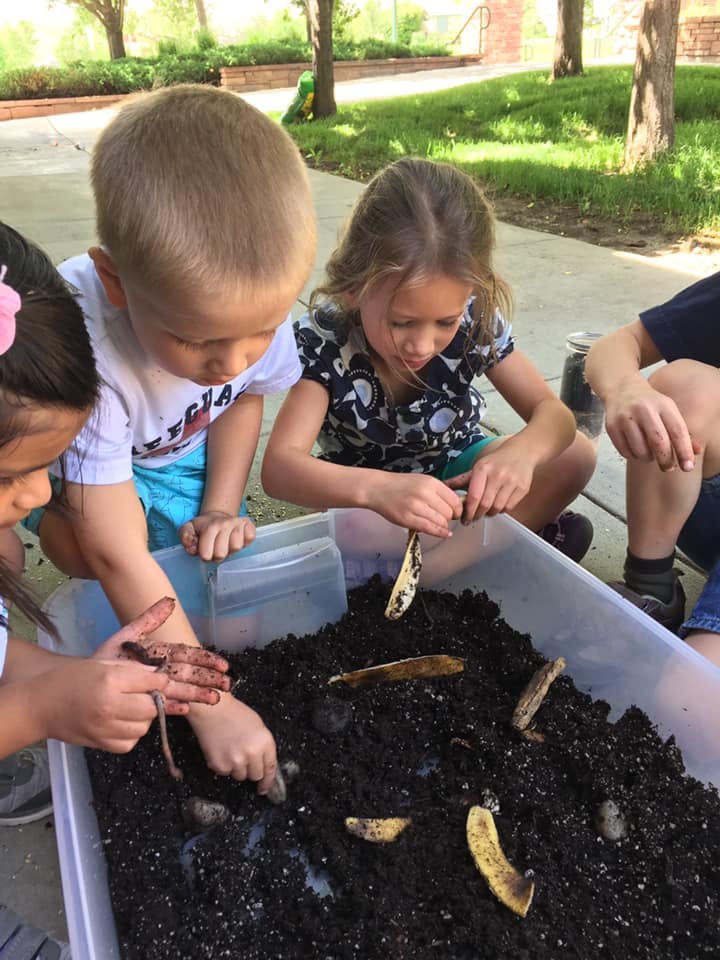 Children playing with worms and dirt in a plastic bin