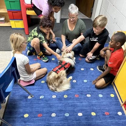 Adult and children petting a dog wearing a red vest on a blue rug