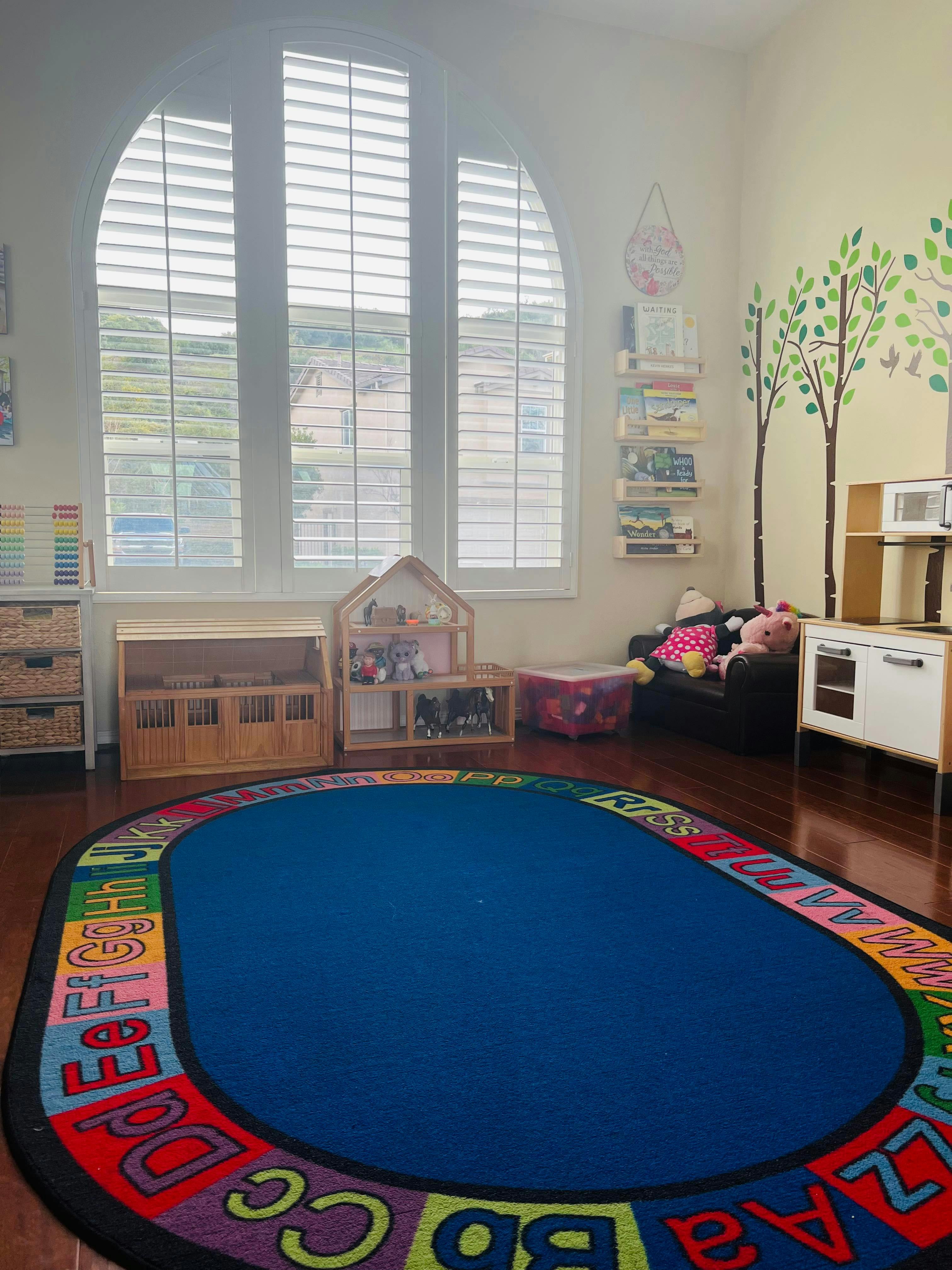 Playroom with a blue oval rug, toys, and a window