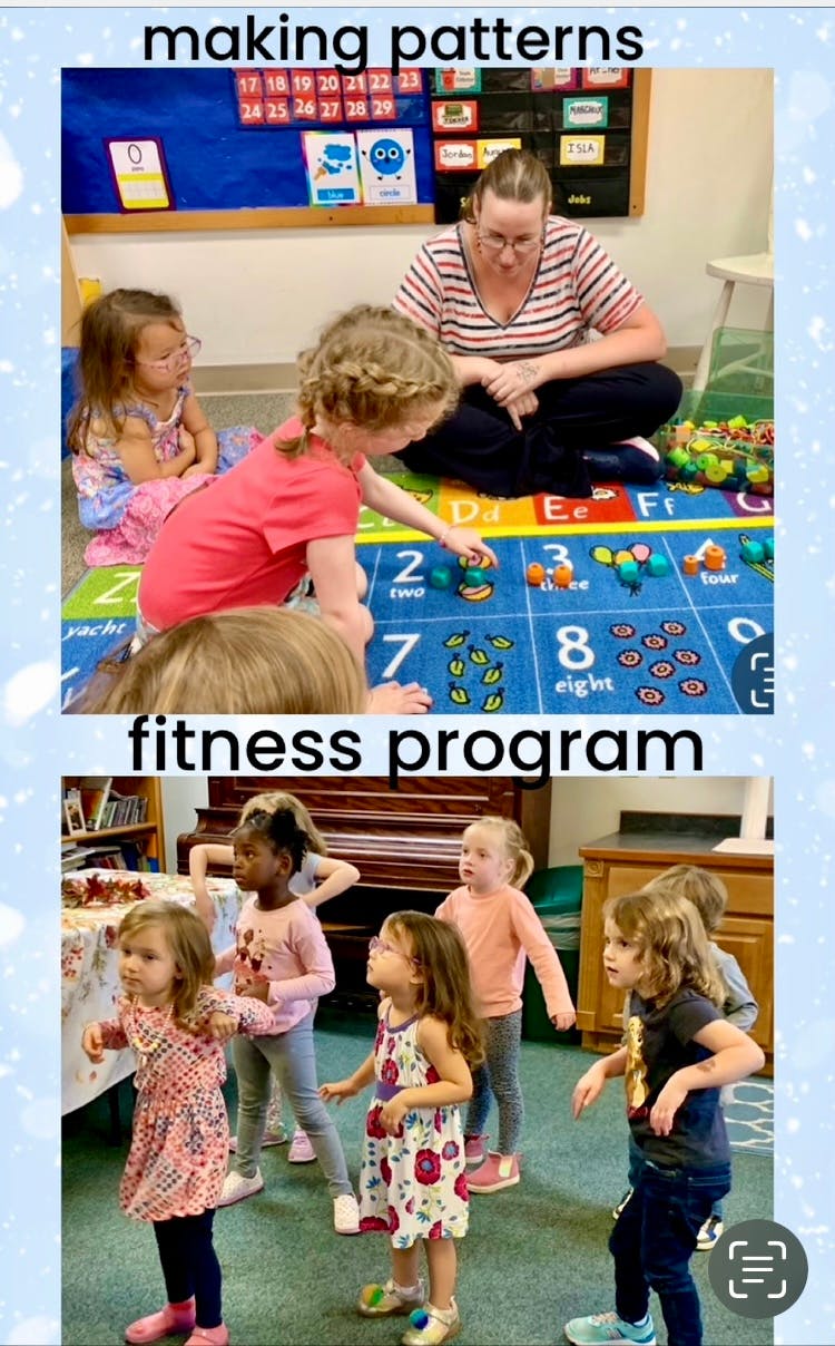 Adult and children on floor playing with learning materials, children standing in a room