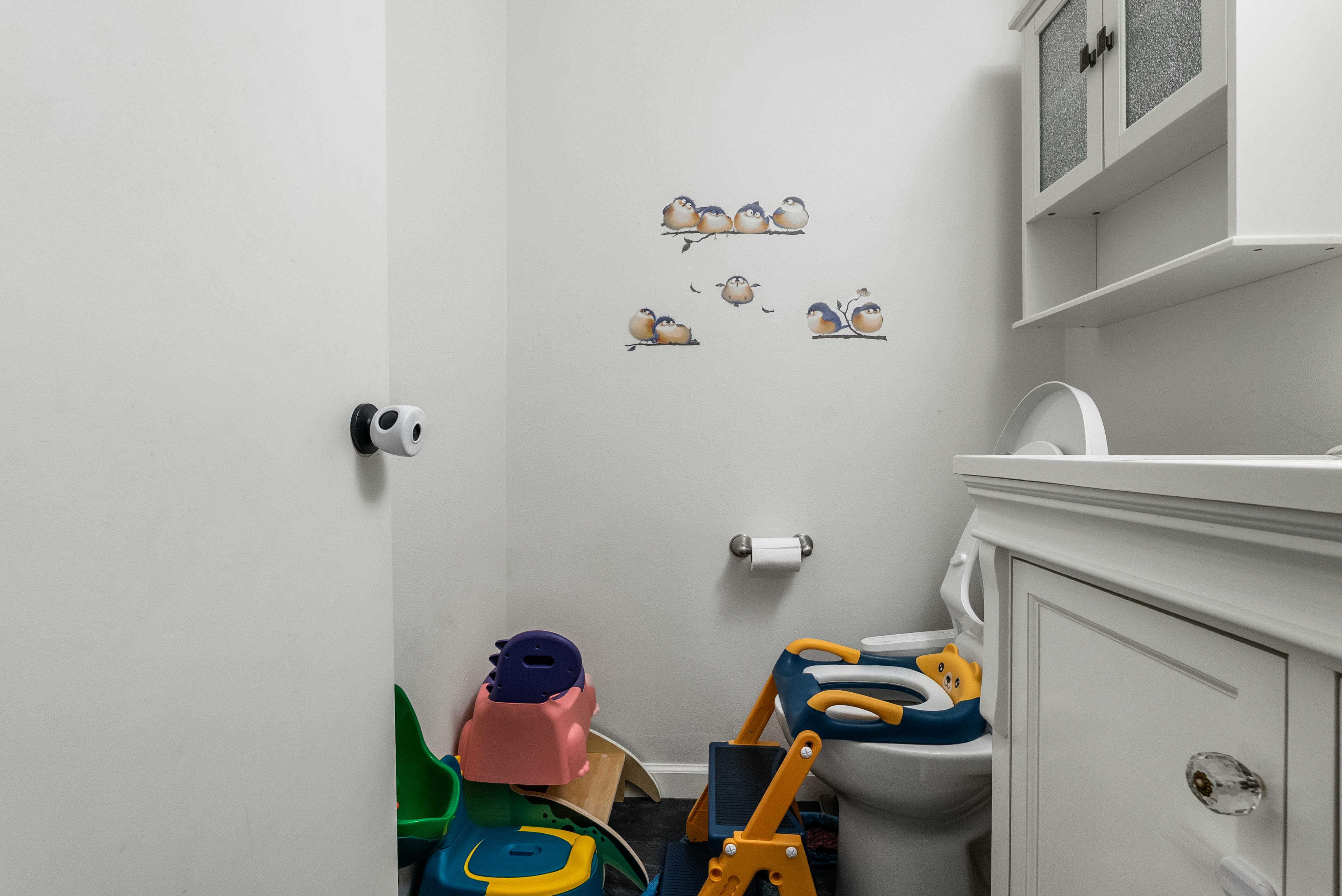 Child's toilet training seat and other potty training equipment in a bathroom