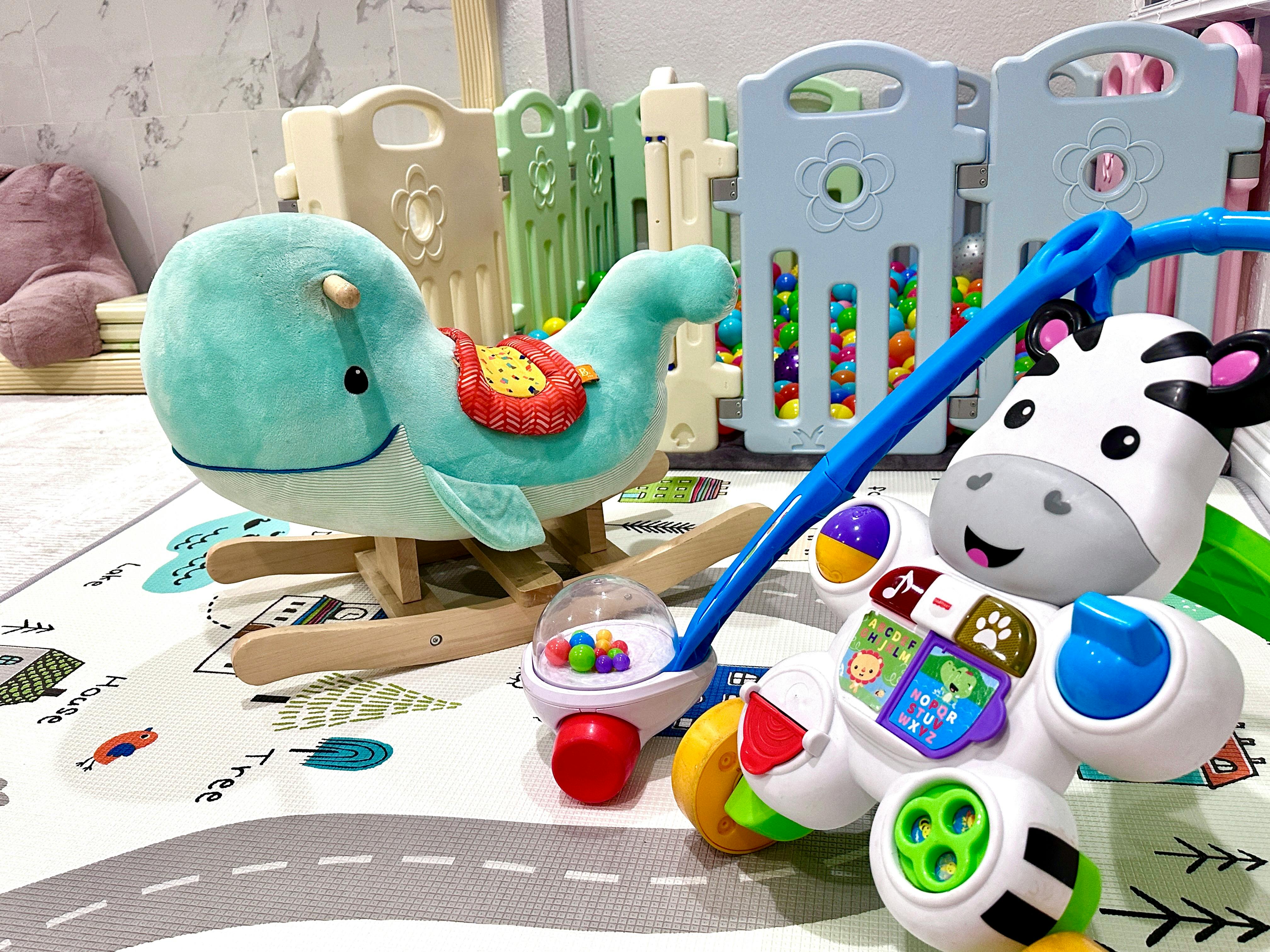 Whale rocking horse and zebra push toy
