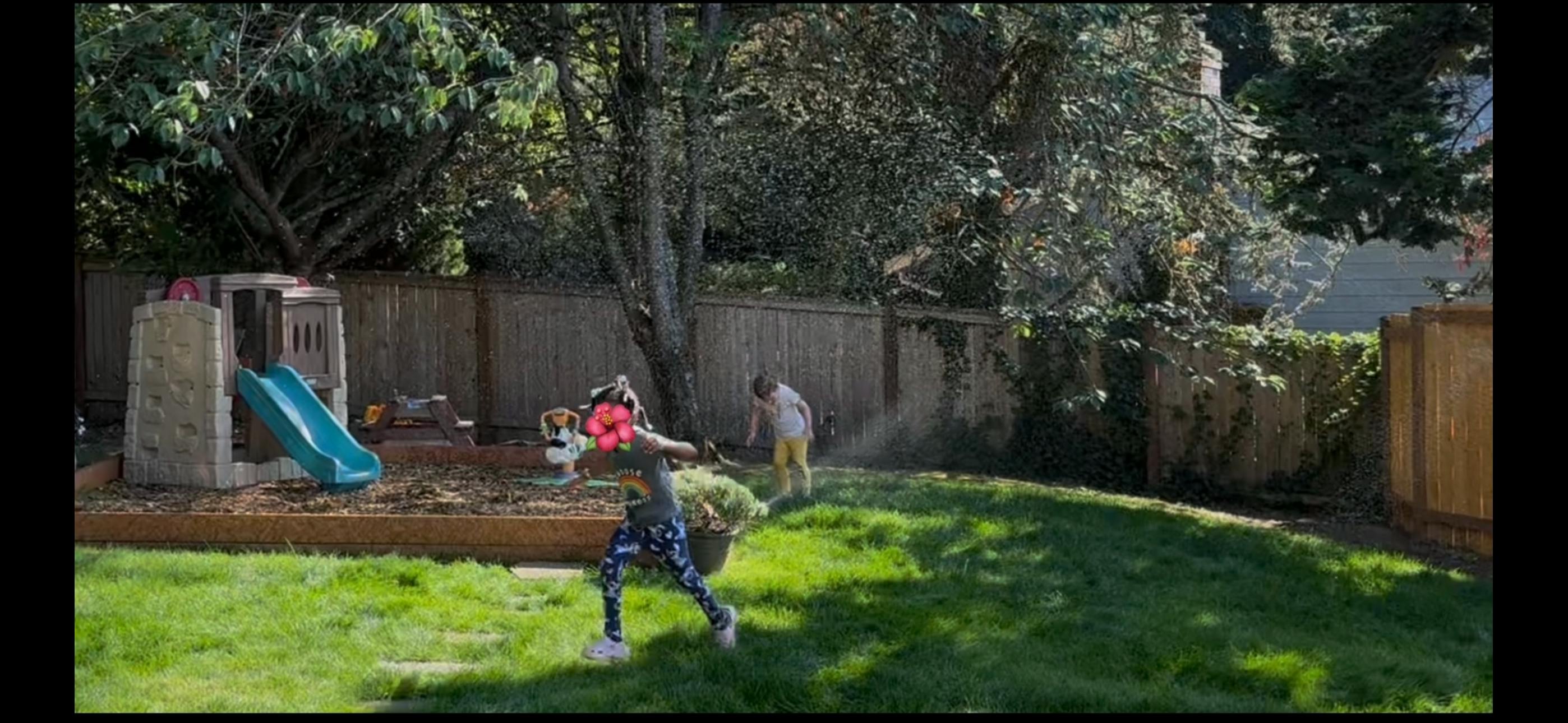 Children playing in a yard with water from a sprinkler
