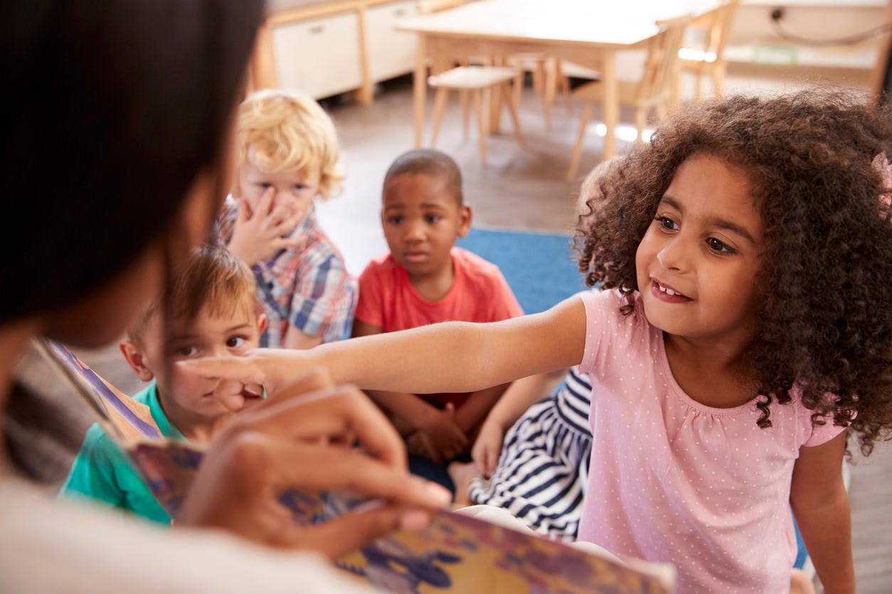 Adult reading a book to children in a classroom