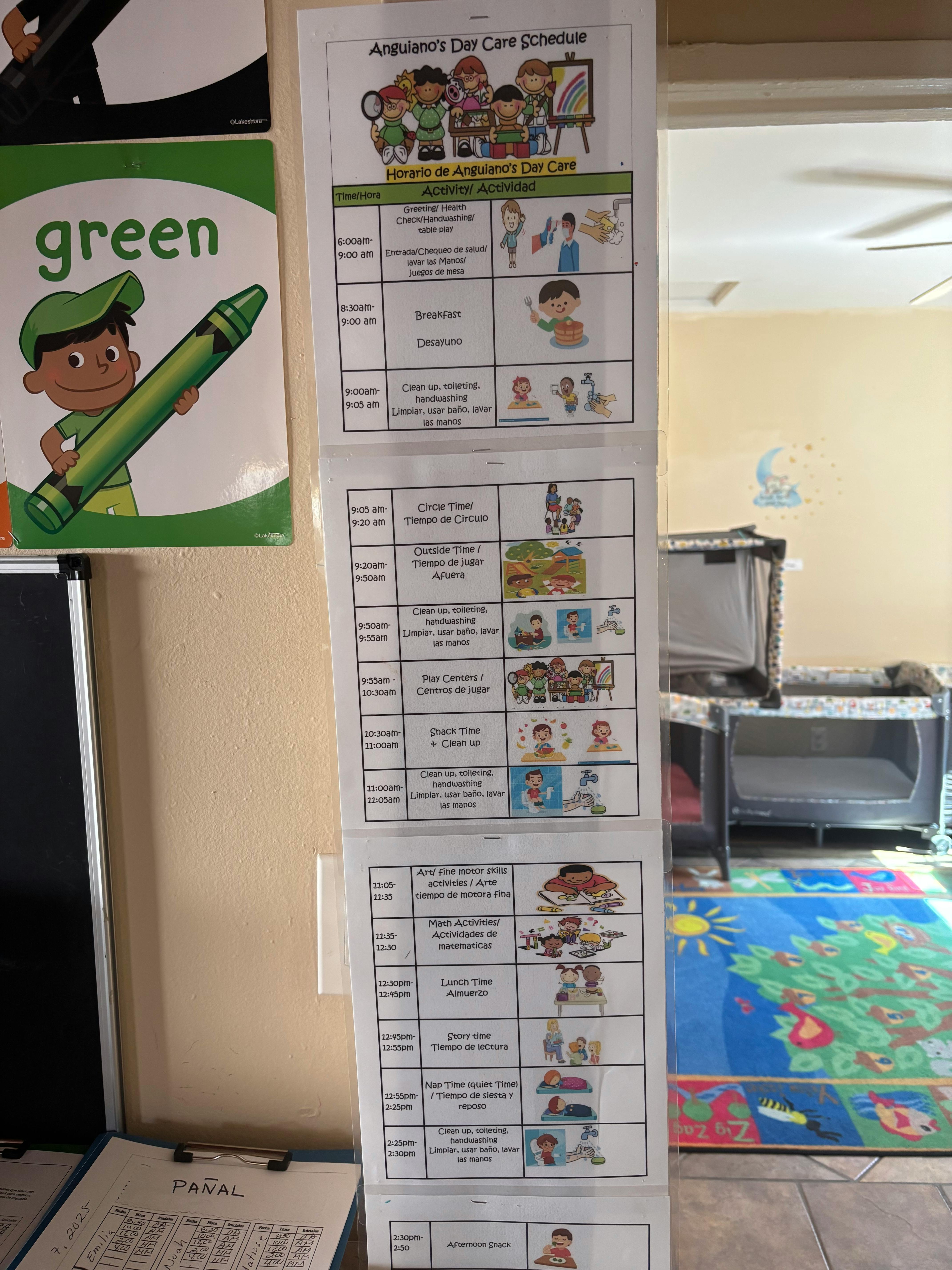 Daycare schedule chart with illustrations next to a green poster with a child holding a crayon