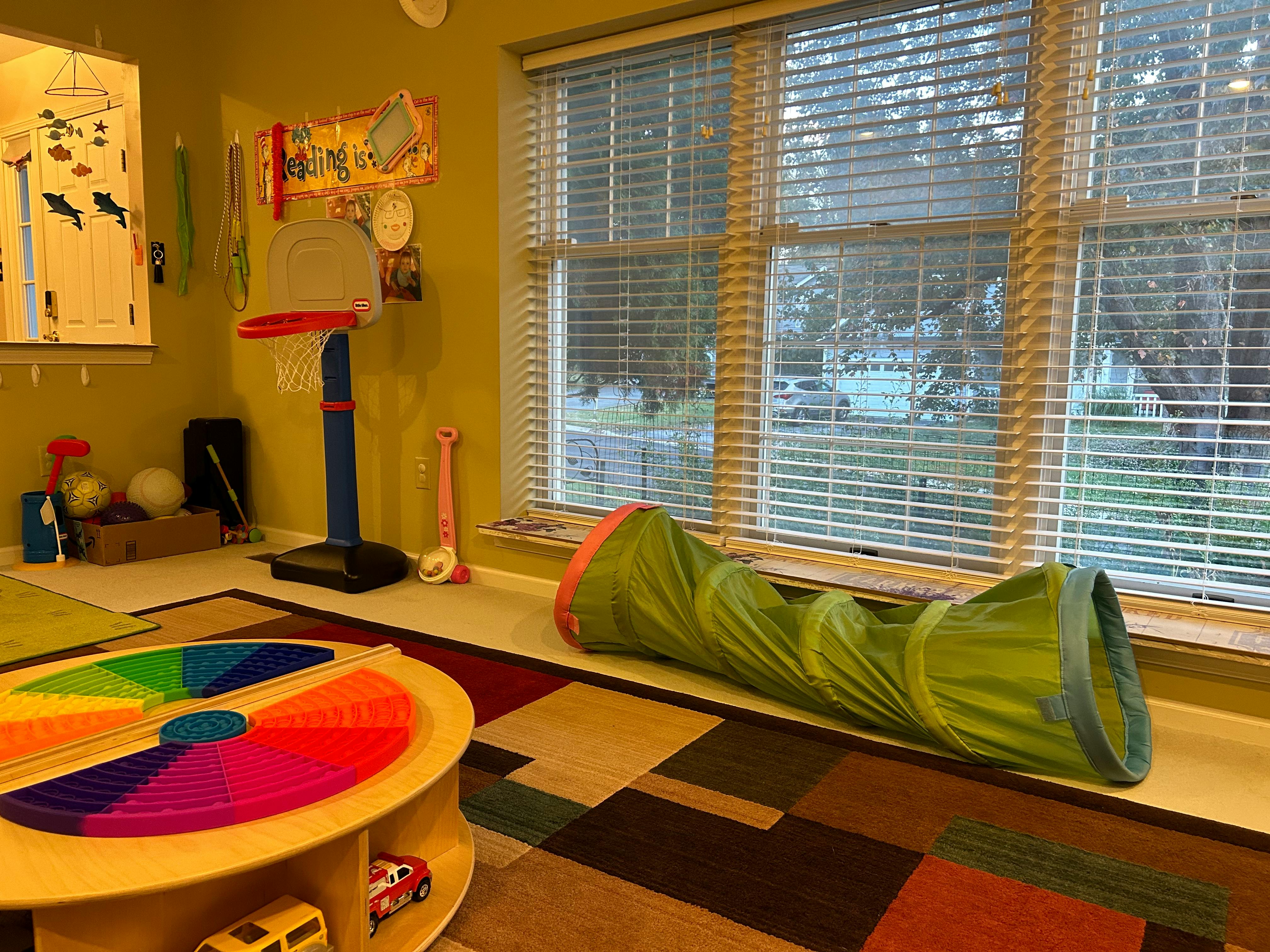 Playroom with a colorful rug, a play tunnel, and a toy basketball hoop