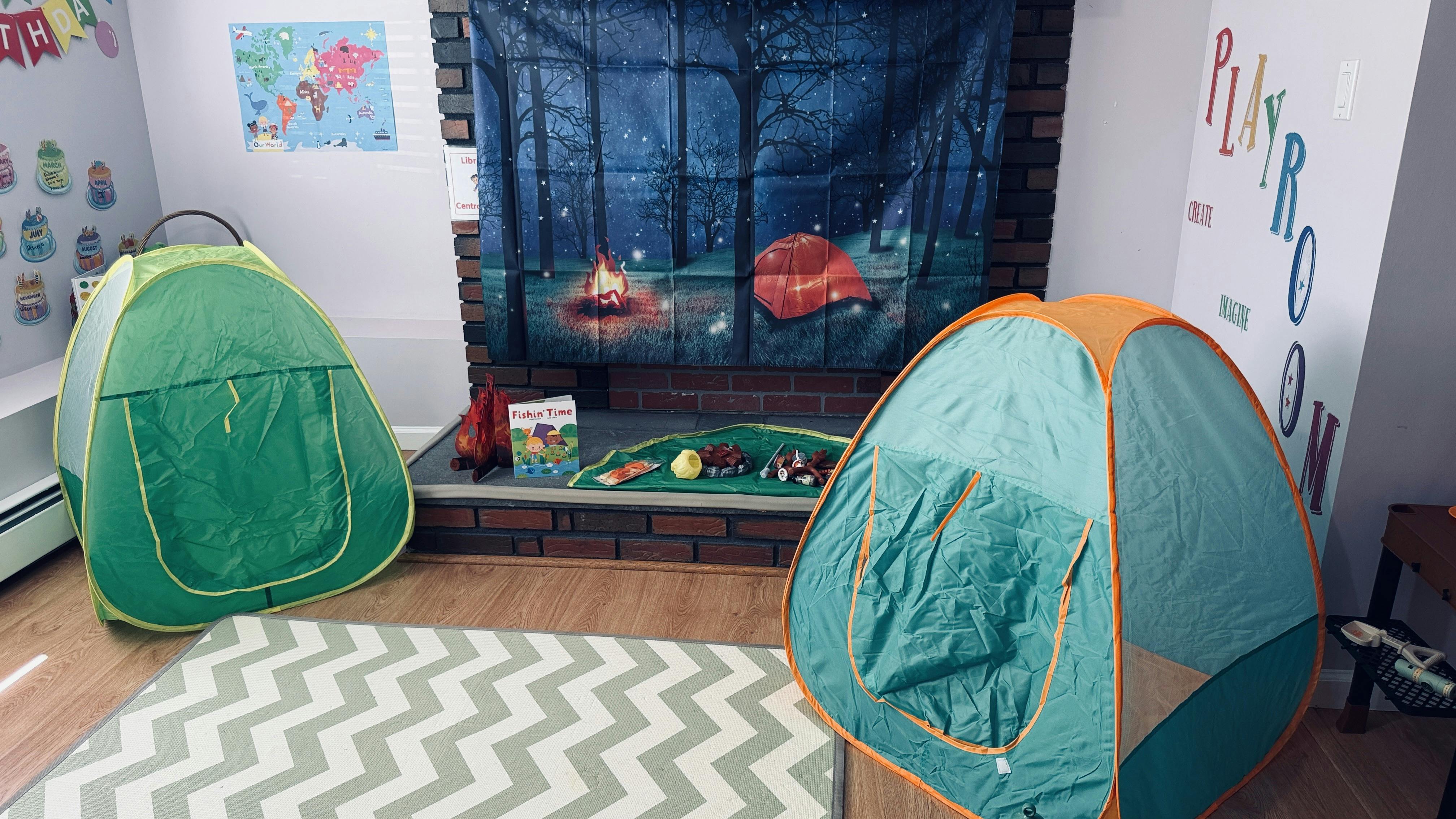 Play tents set up in a room for pretend camping