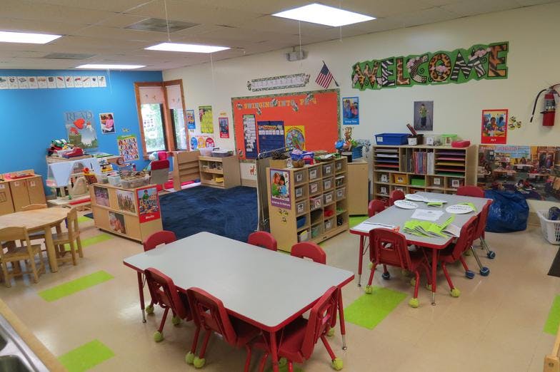 Empty classroom with small tables and chairs