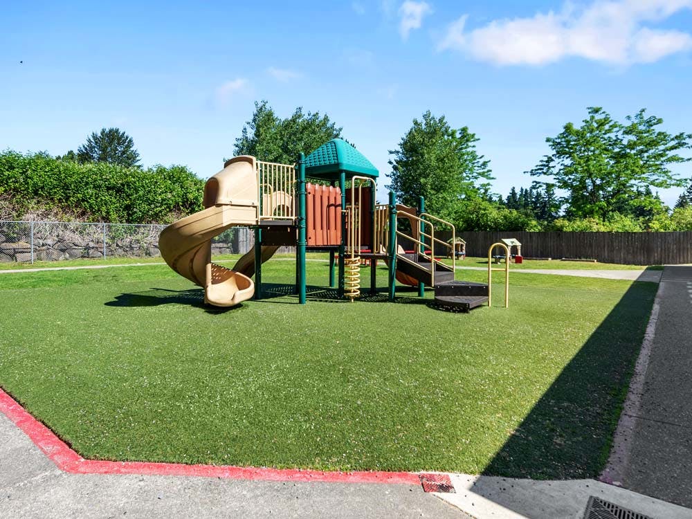 A playground with a slide and climbing structure on artificial turf