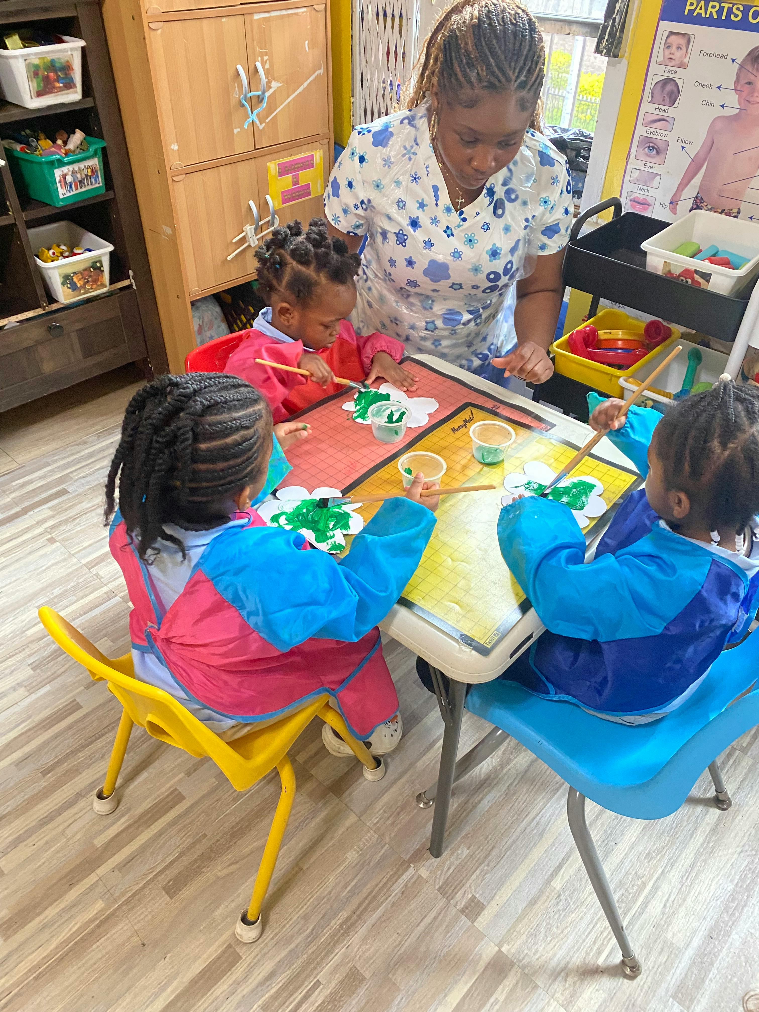 Adult and three children painting at a table