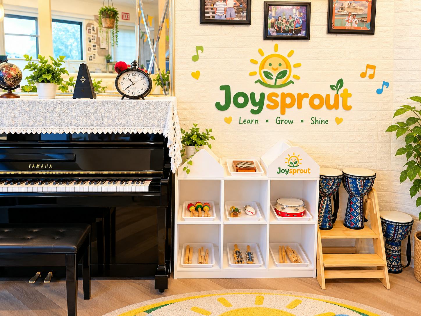 Piano and shelving unit filled with children's musical instruments