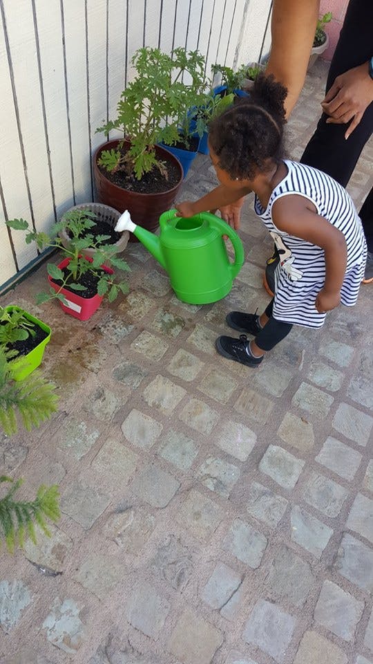 Child watering plants with a green watering can